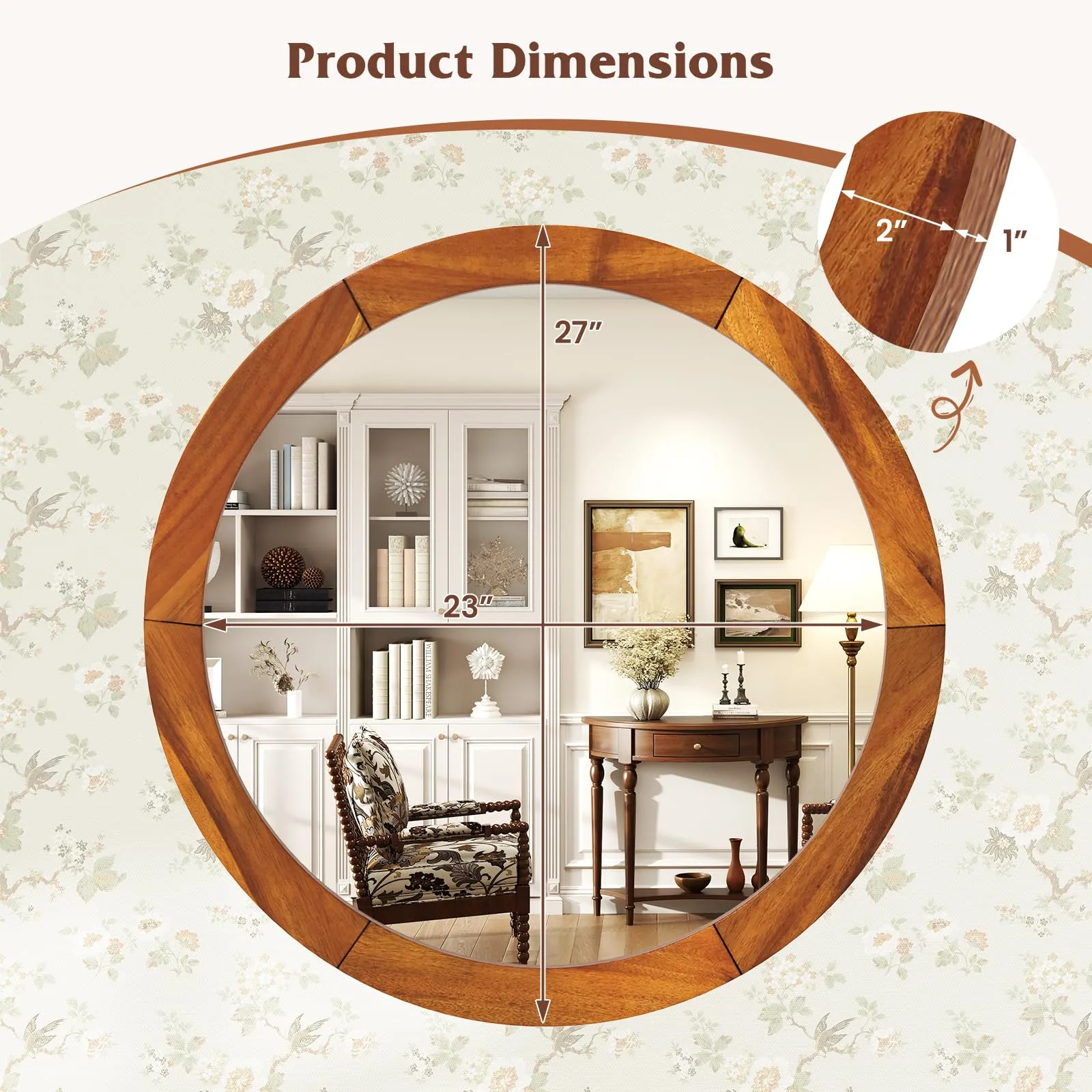 Farmhouse Wall Mirror Round Mirror with Solid Acacia Wood Frame