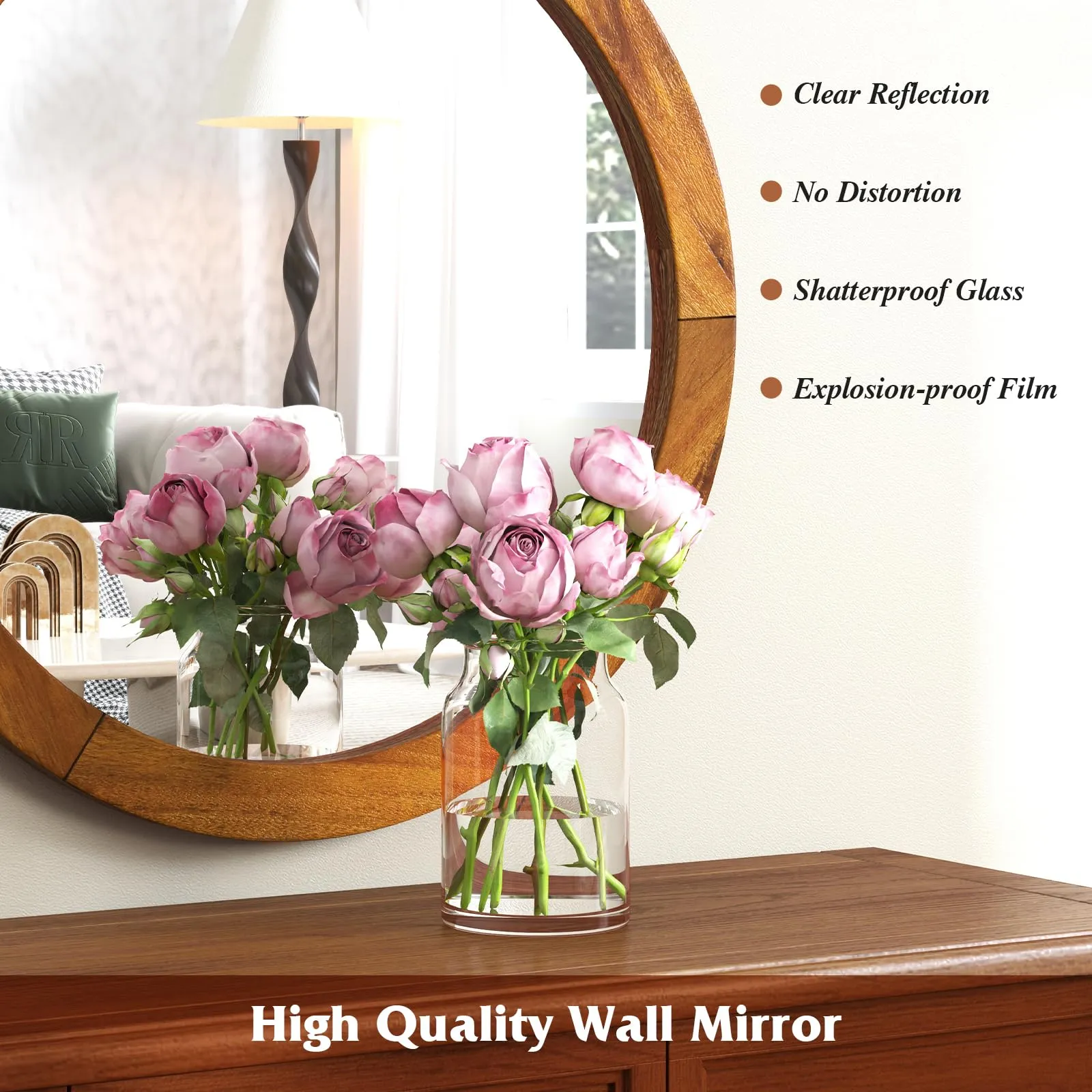 Farmhouse Wall Mirror Round Mirror with Solid Acacia Wood Frame