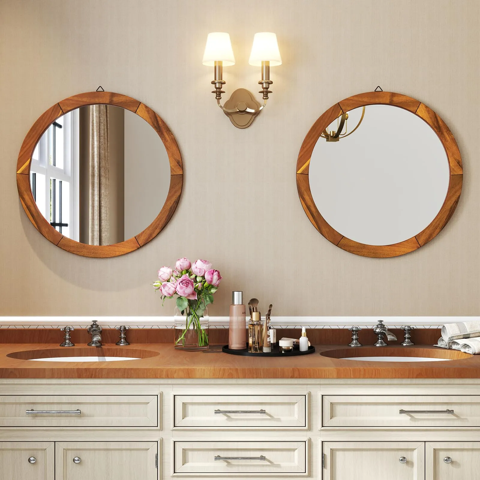Farmhouse Wall Mirror Round Mirror with Solid Acacia Wood Frame