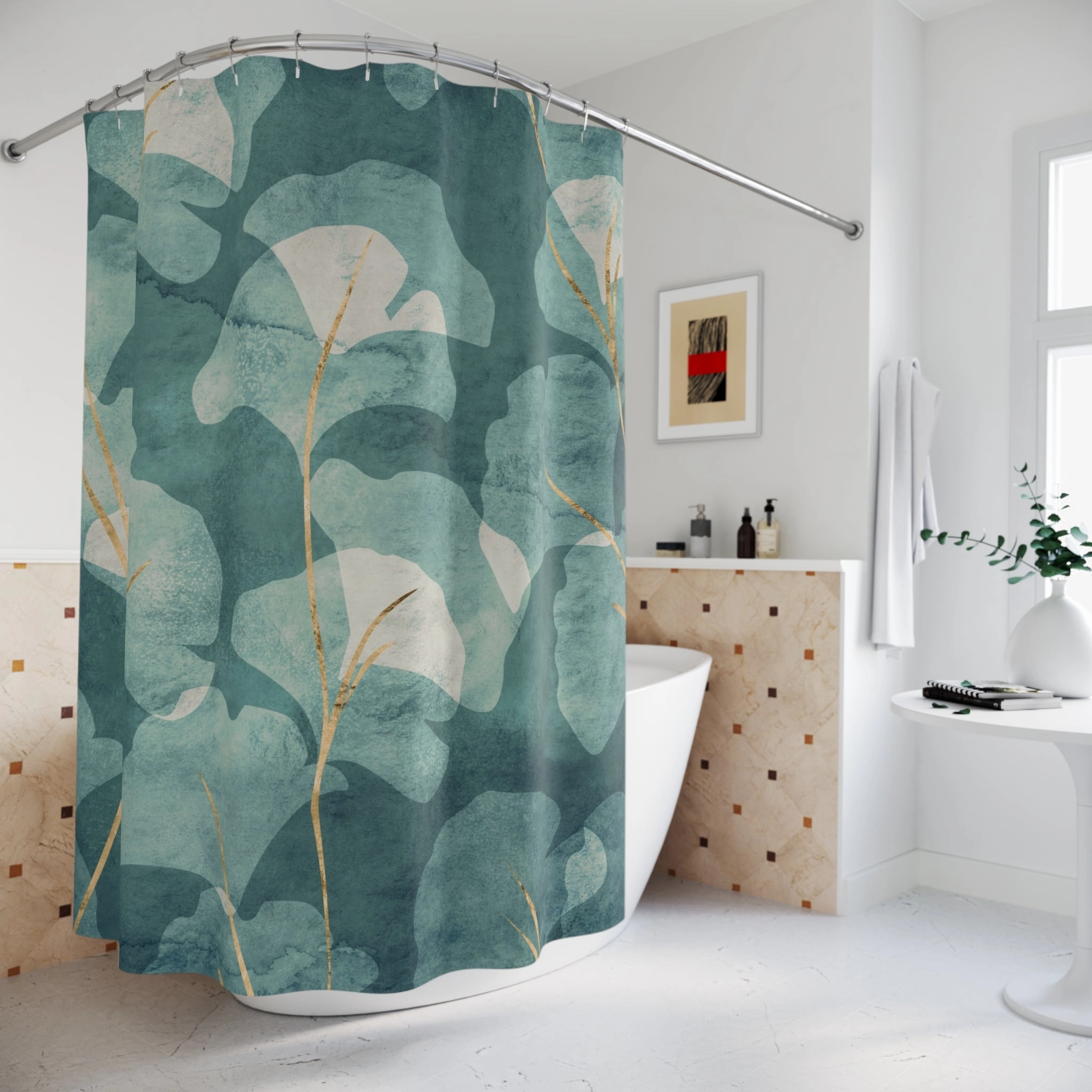 Floral Shower Curtain | Abstract Gingko Leaves, Green