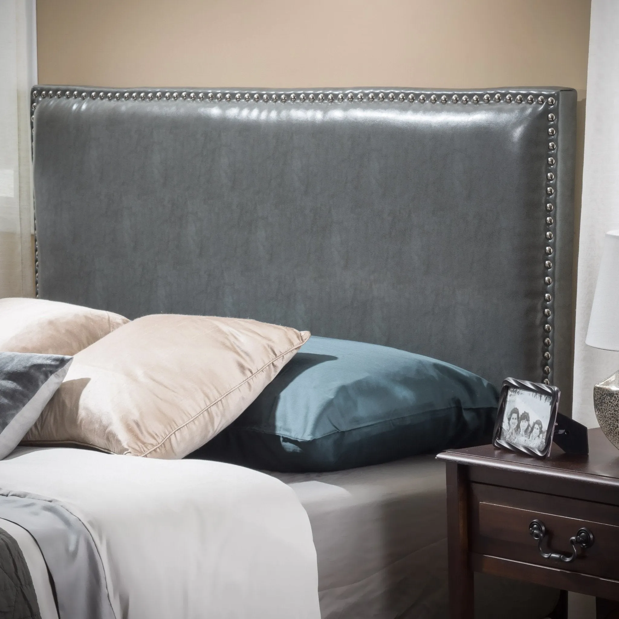 Full to Queen Size Grey Leather Headboard - NH078832