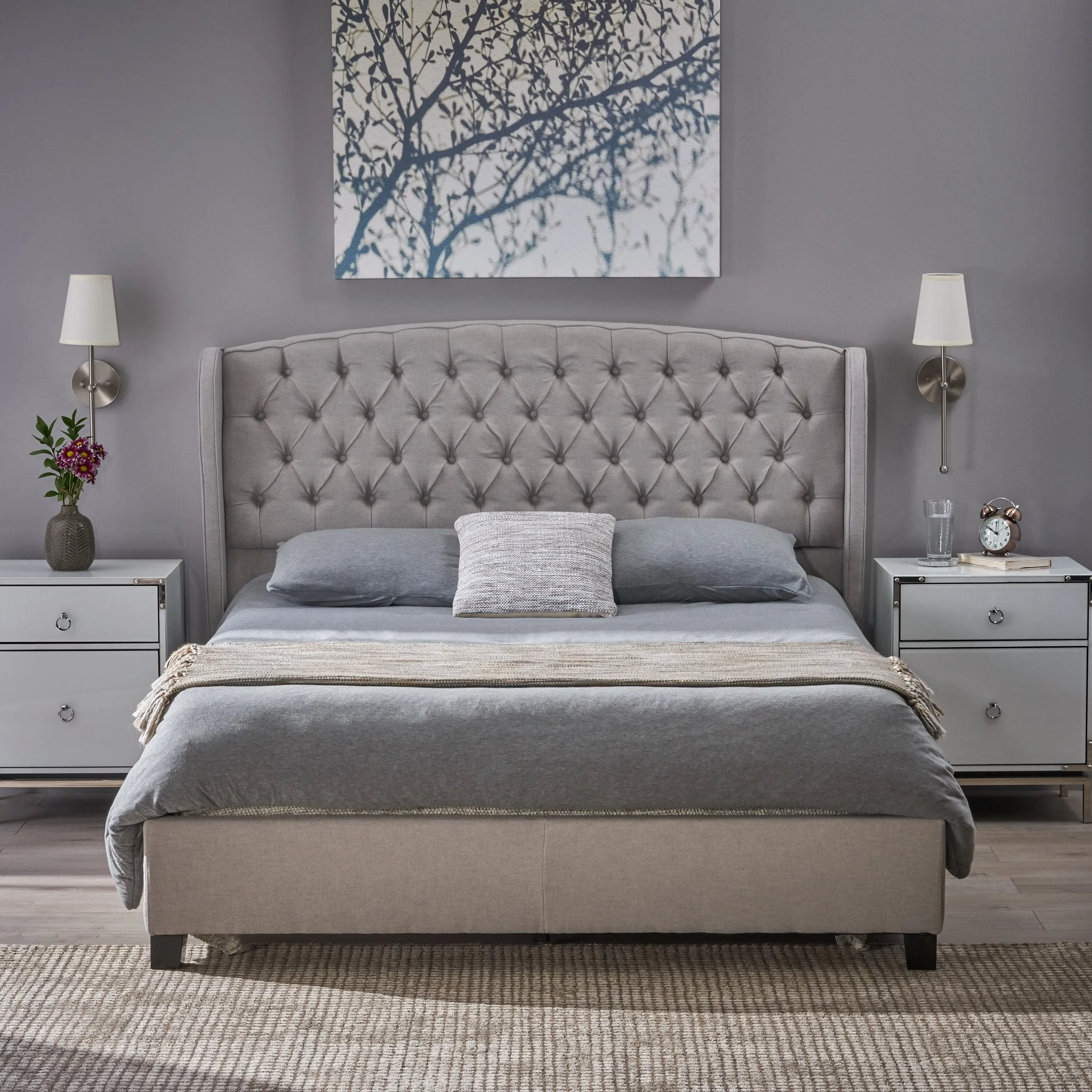 Fully Upholstered Fabric Queen Bed Set - NH462003 throw blanket, decorative pillow