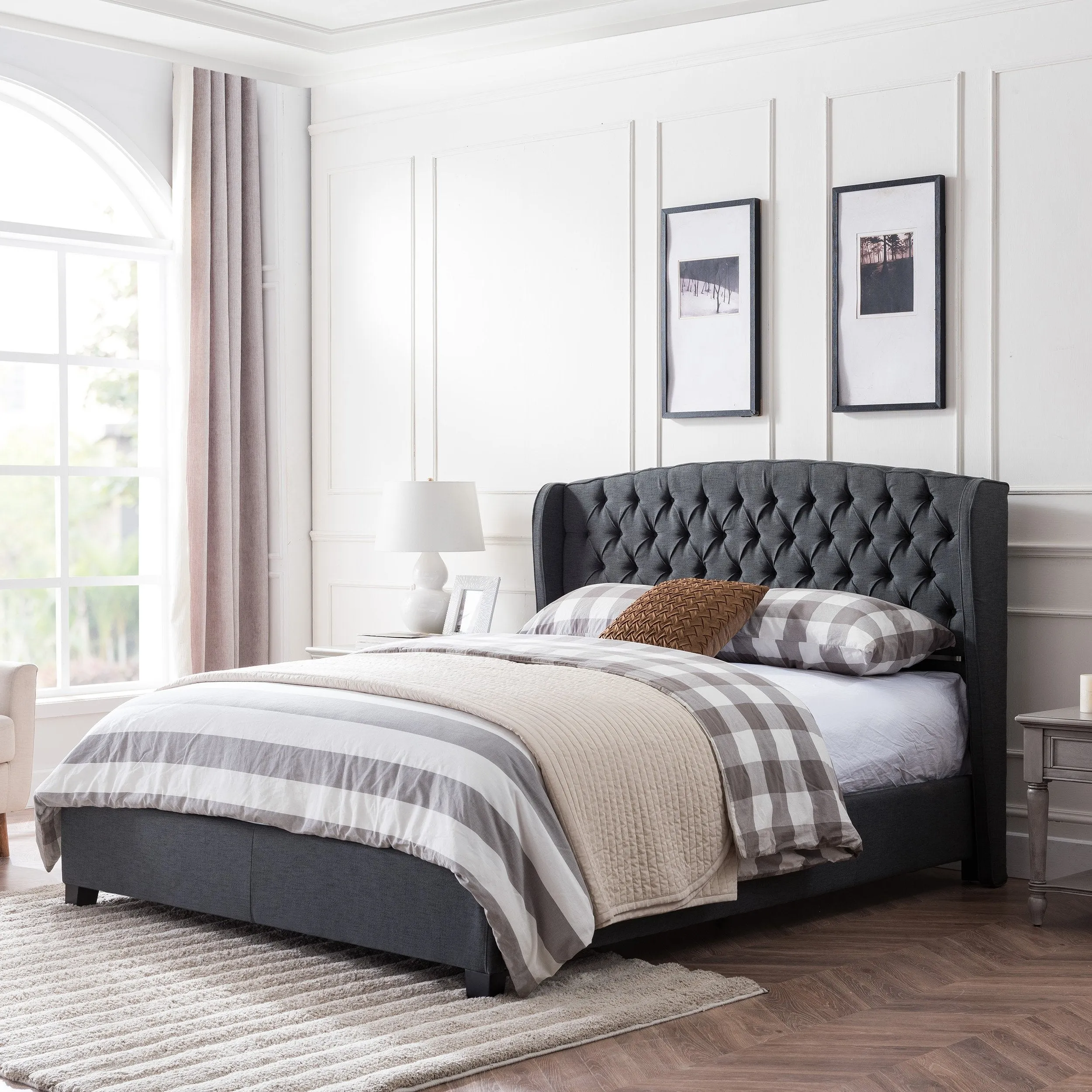 Fully-Upholstered King-Size Platform Bed Frame, Low-Profile, Contemporary - NH316703 throw blanket, decorative pillow