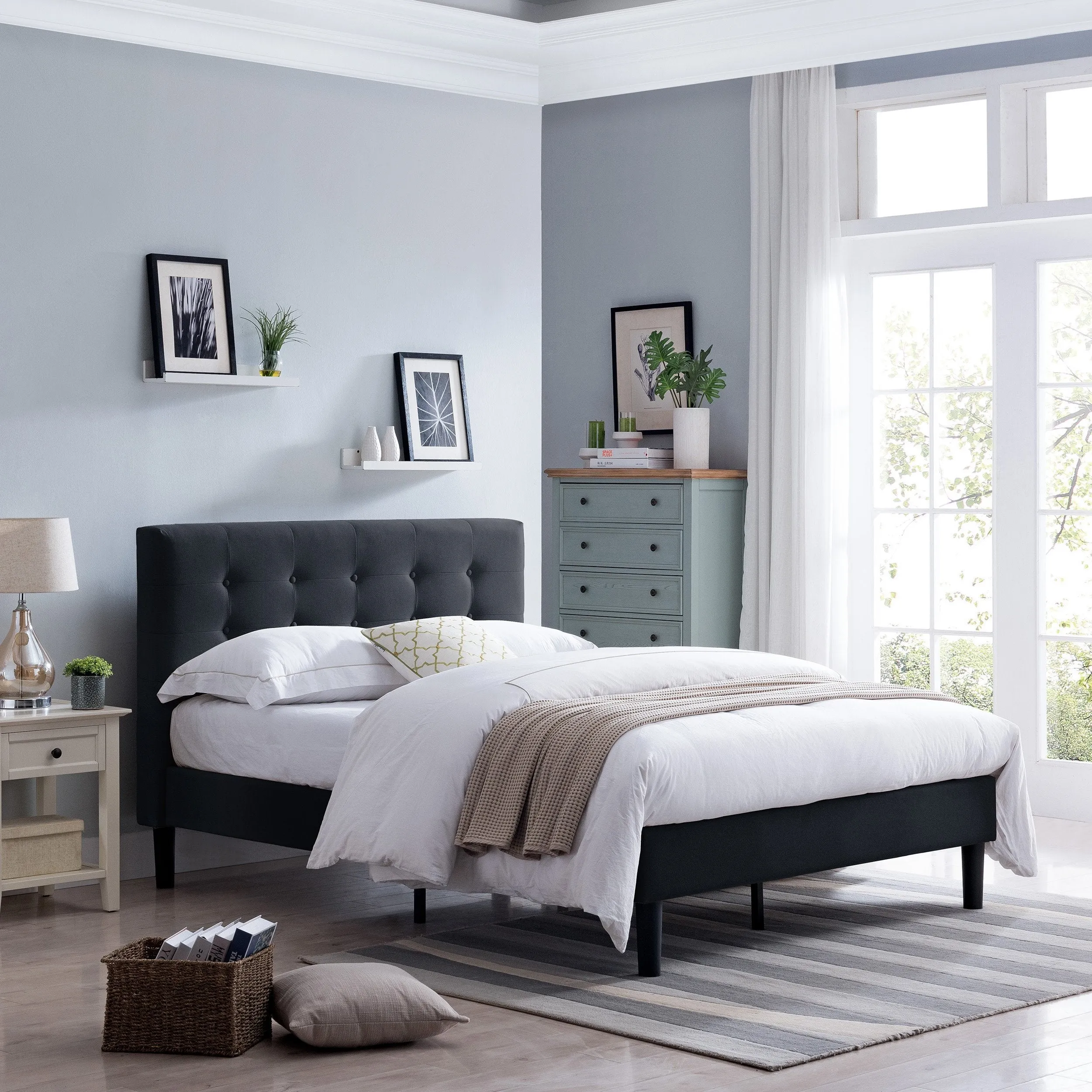 Fully-Upholstered Queen-Size Platform Bed Frame, Modern, Contemporary, Low-Profile - NH355703