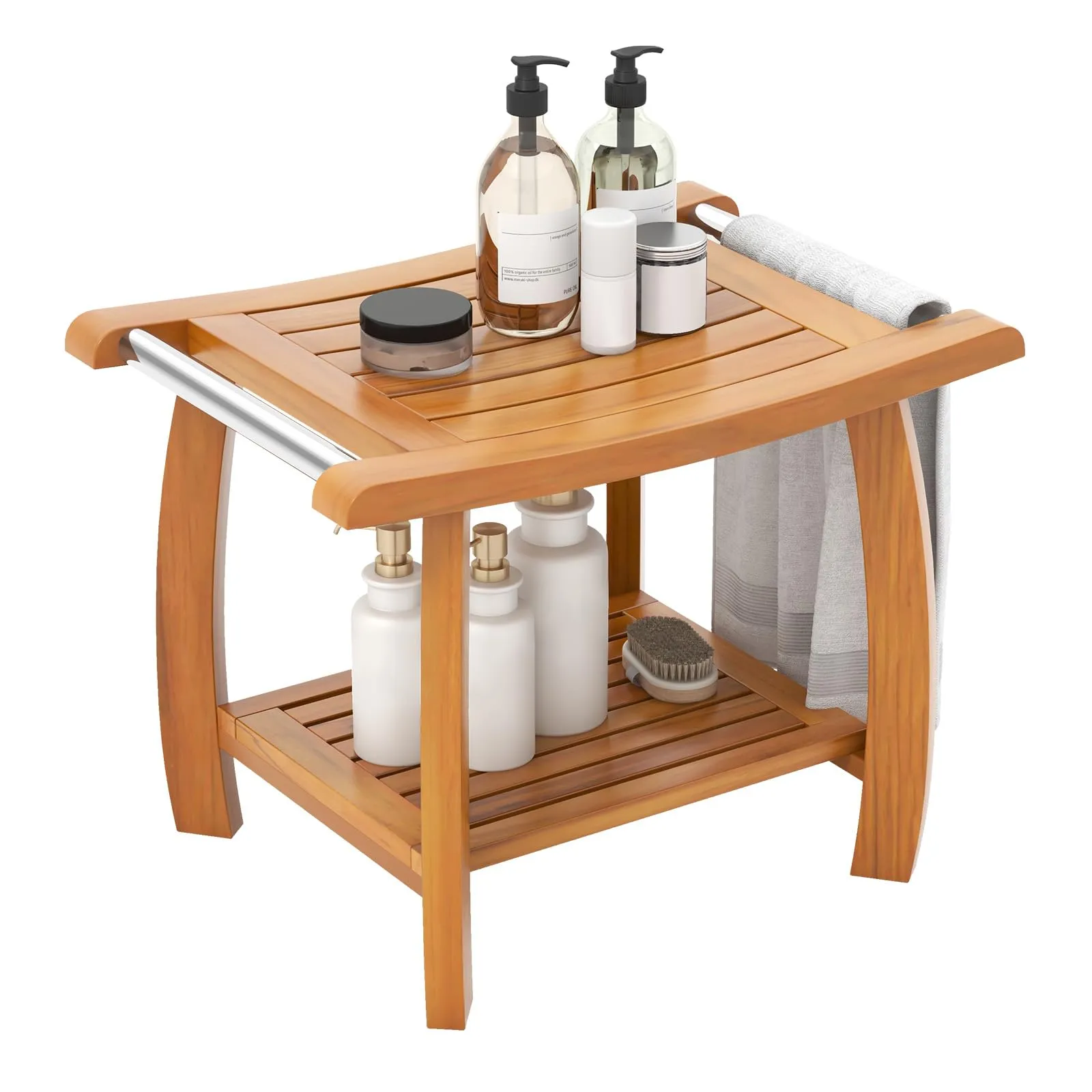 Gaintex Teak Shower Bench with Handles and Storage Shelf, Teak Shower Stool for Shaving Legs, Non-Slip Foot Pads bathroom organizer, toilet brush holder