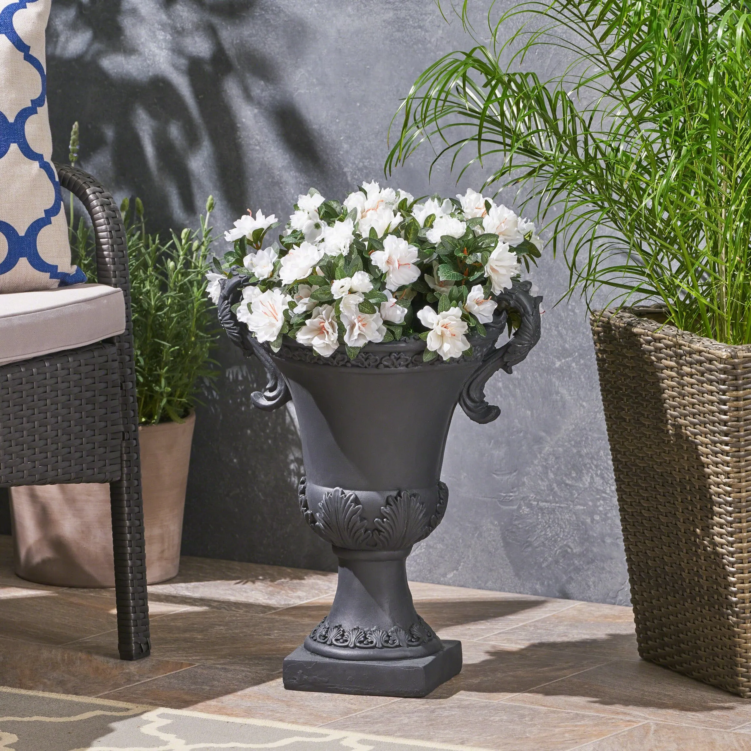 Garden Urn Planter, Roman, Botanical, Lightweight Concrete - NH314703 patio chairs, outdoor seating