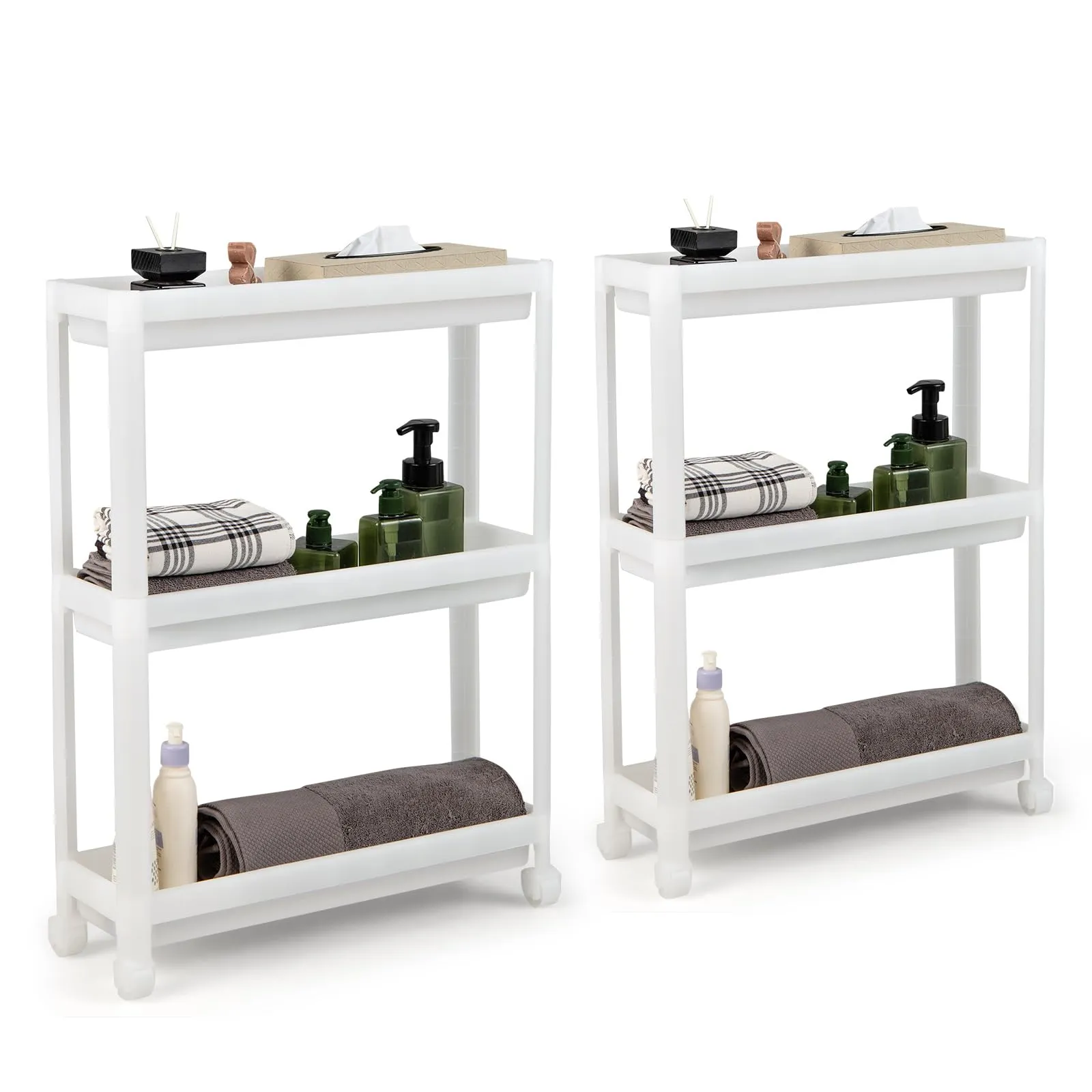 Giantex 2 Pack 3 Tier Slim Rolling Storage Cart with Wheels, Detachable Utility Cart with Drainage Holes bathroom organizer, toilet brush holder