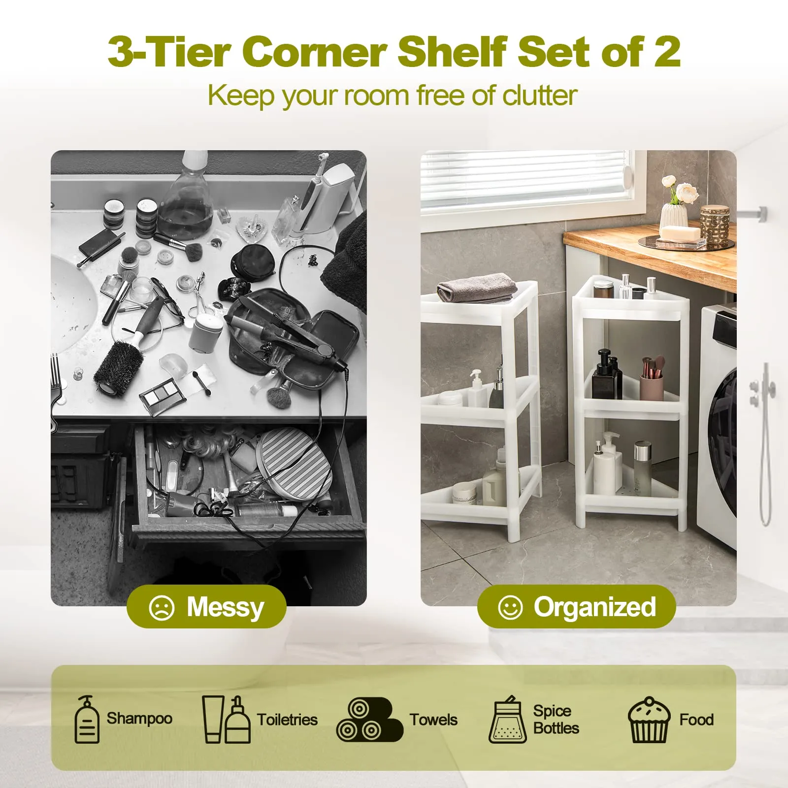 Giantex 2 Pack Corner Shelf Stand, 3-Tier Detachable Floor Corner Shower Shelf, Bathroom Corner Stand