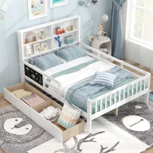 Giantex 2 Storage Drawers, Solid Wood Kids Bed Frame w/Bookcase Headboard & Blackboard bed frame, queen bed