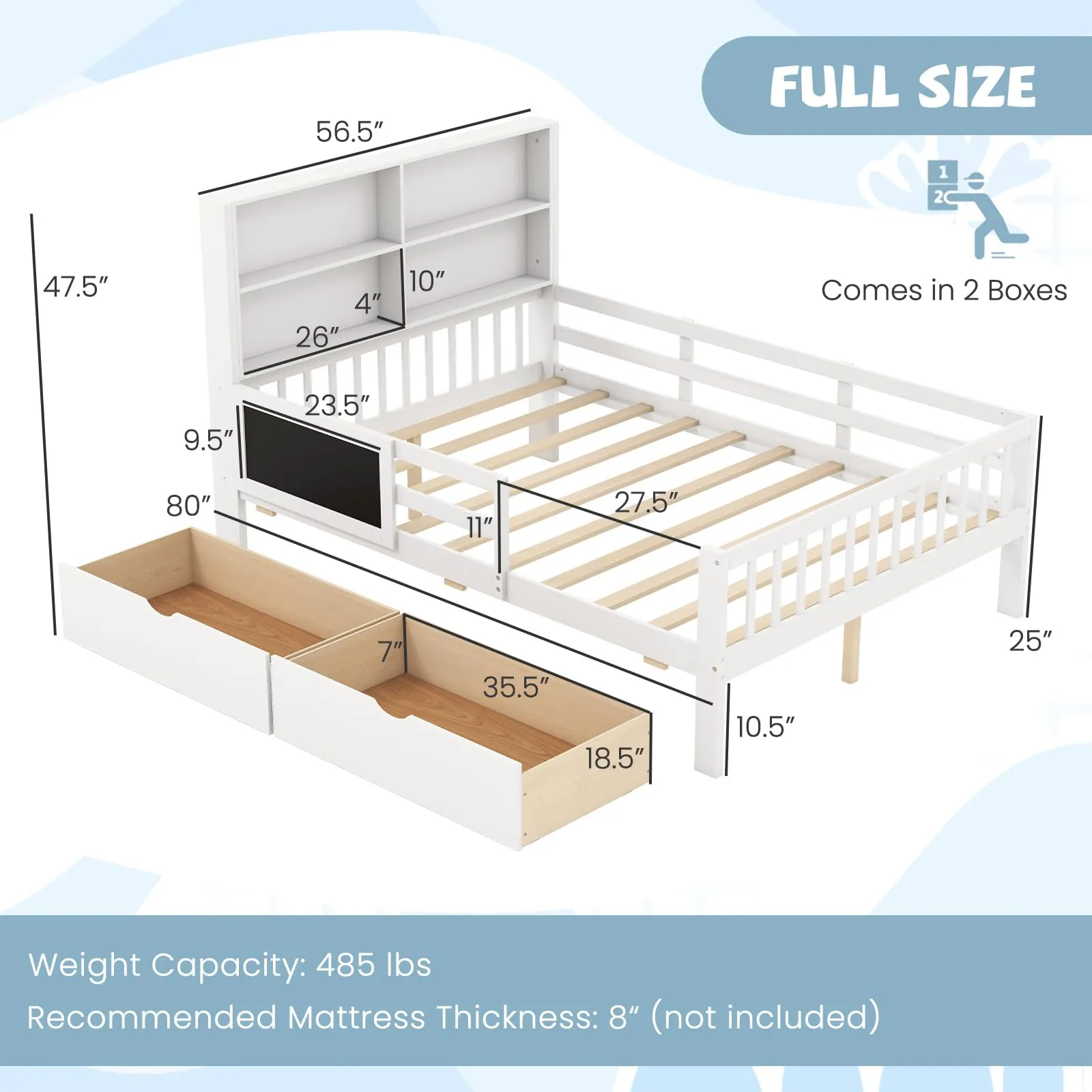 Giantex 2 Storage Drawers, Solid Wood Kids Bed Frame w/Bookcase Headboard & Blackboard
