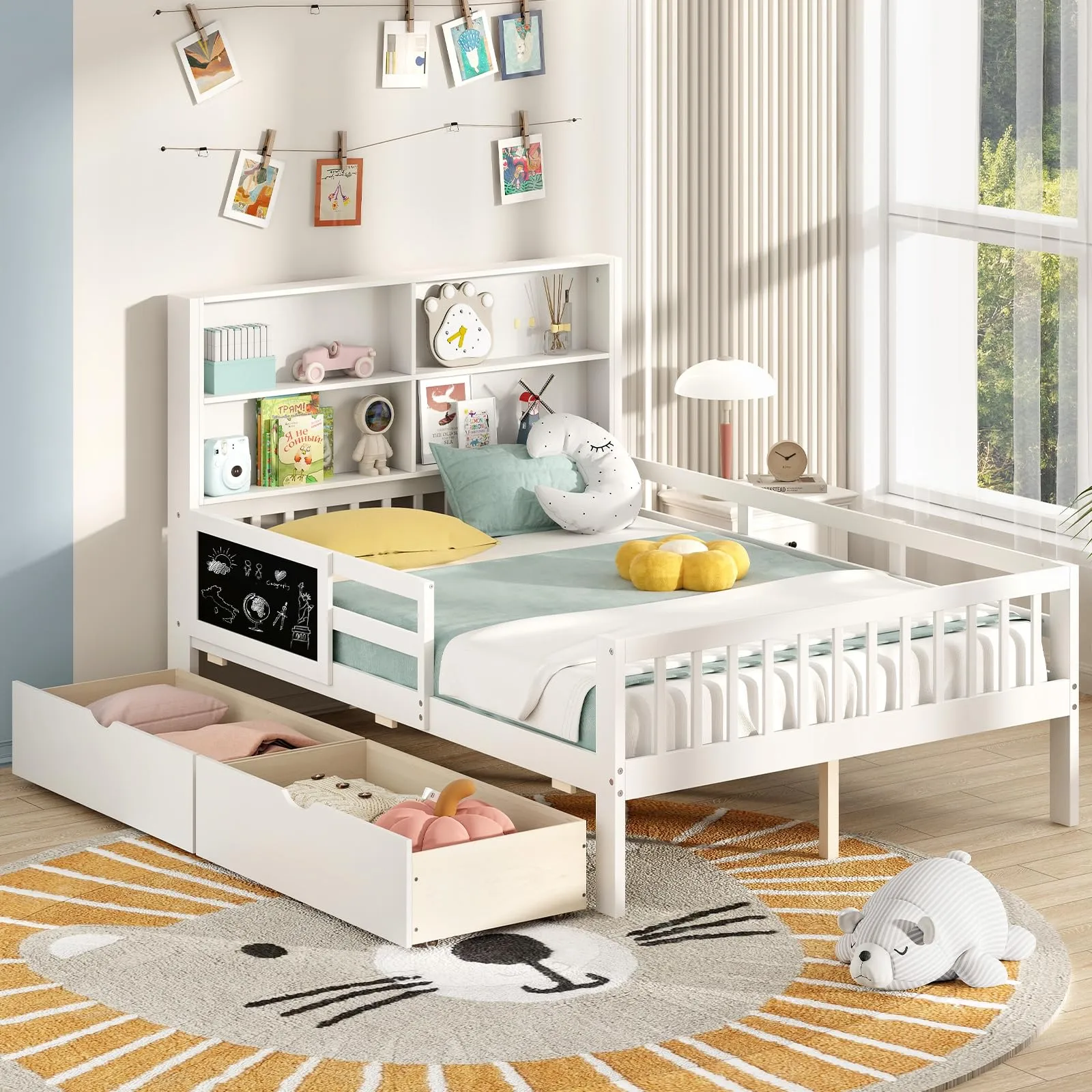 Giantex 2 Storage Drawers, Solid Wood Kids Bed Frame w/Bookcase Headboard & Blackboard