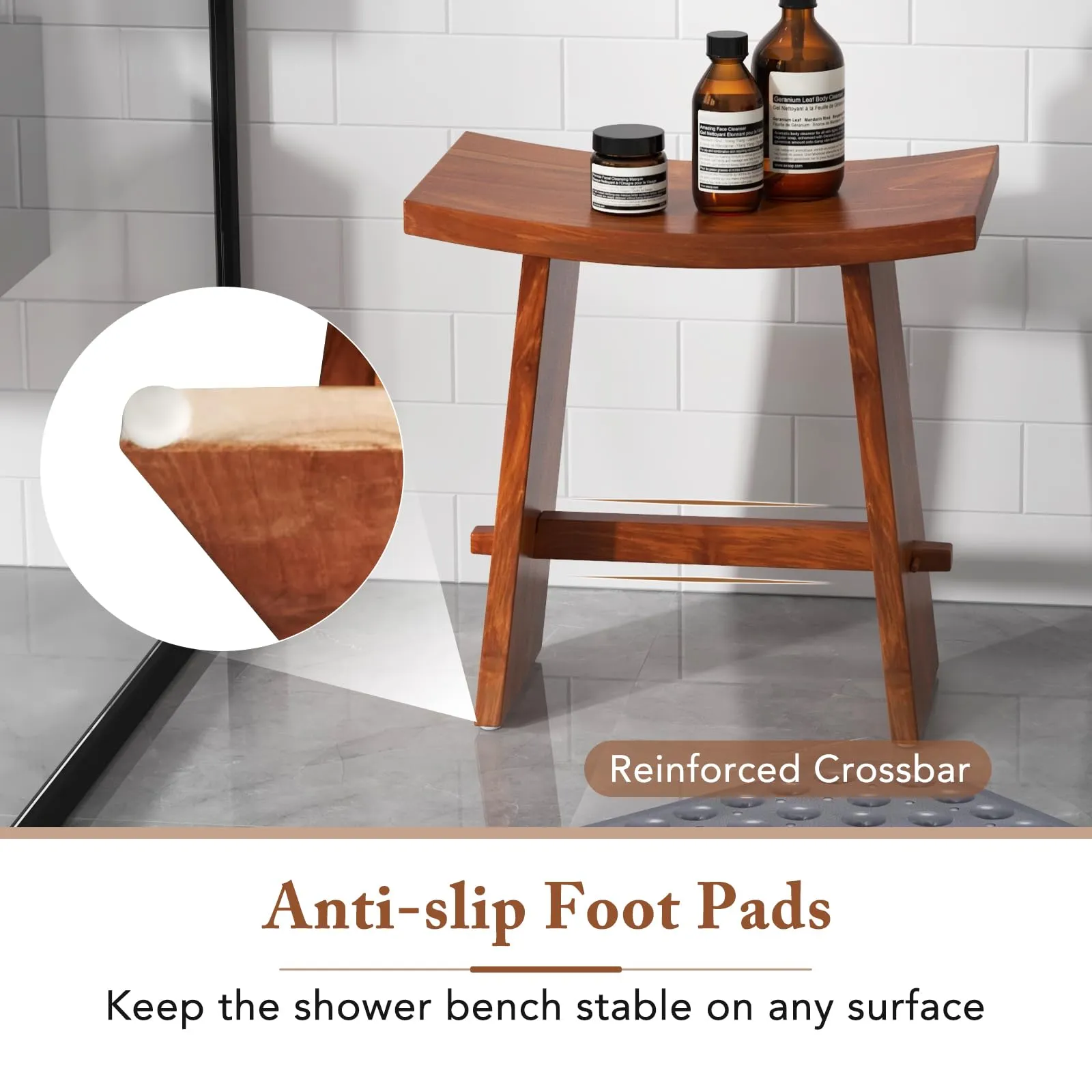 Giantex 20 Inch Teak Shower Bench Waterproof, Small Wood Shower Chair Seat w/Curved Seat