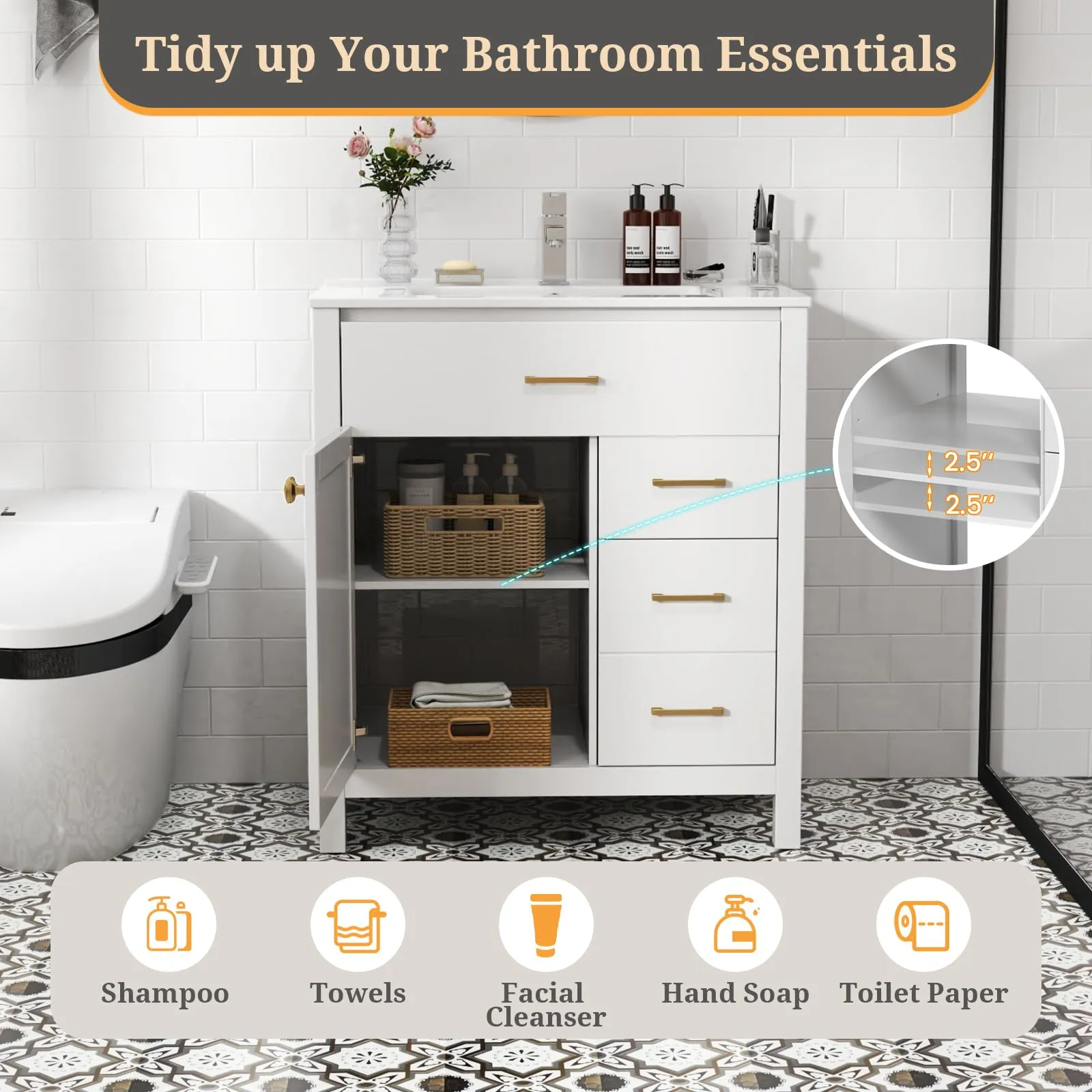 Giantex 30 Bathroom Vanity with Sink, Ceramic Basin Combo with 2 Drawers, 1 Door, 1 Flip-Out Drawer