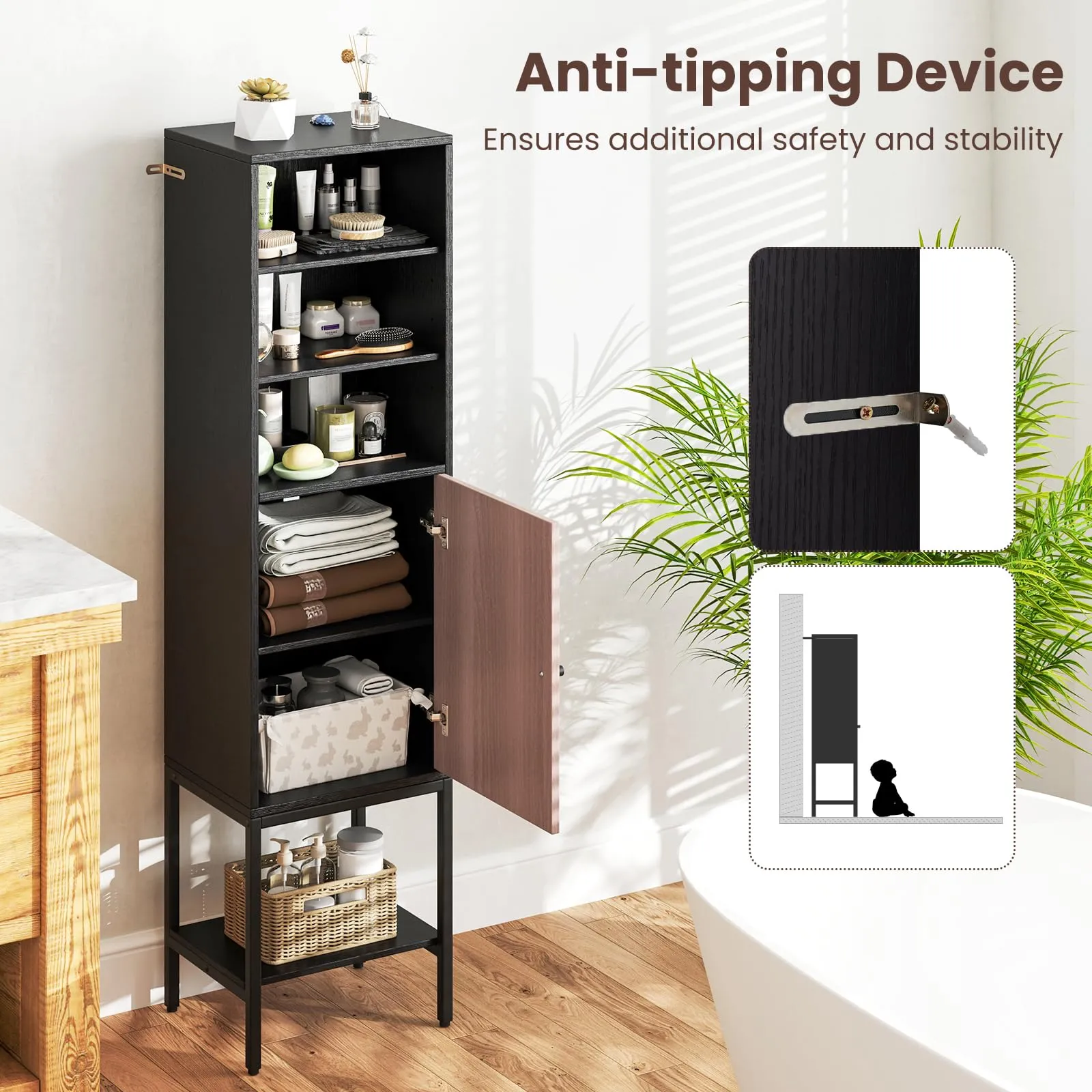 Giantex 57 Tall Bathroom Storage Cabinet, Bathroom Floor Cabinet with Door, Adjustable Shelves & Foot Pads