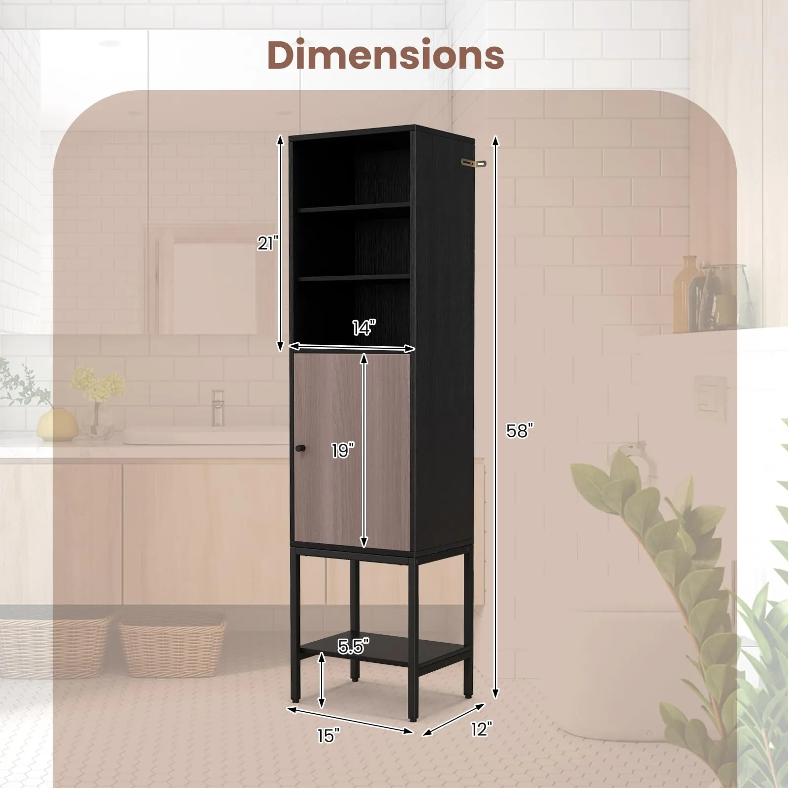 Giantex 57 Tall Bathroom Storage Cabinet, Bathroom Floor Cabinet with Door, Adjustable Shelves & Foot Pads