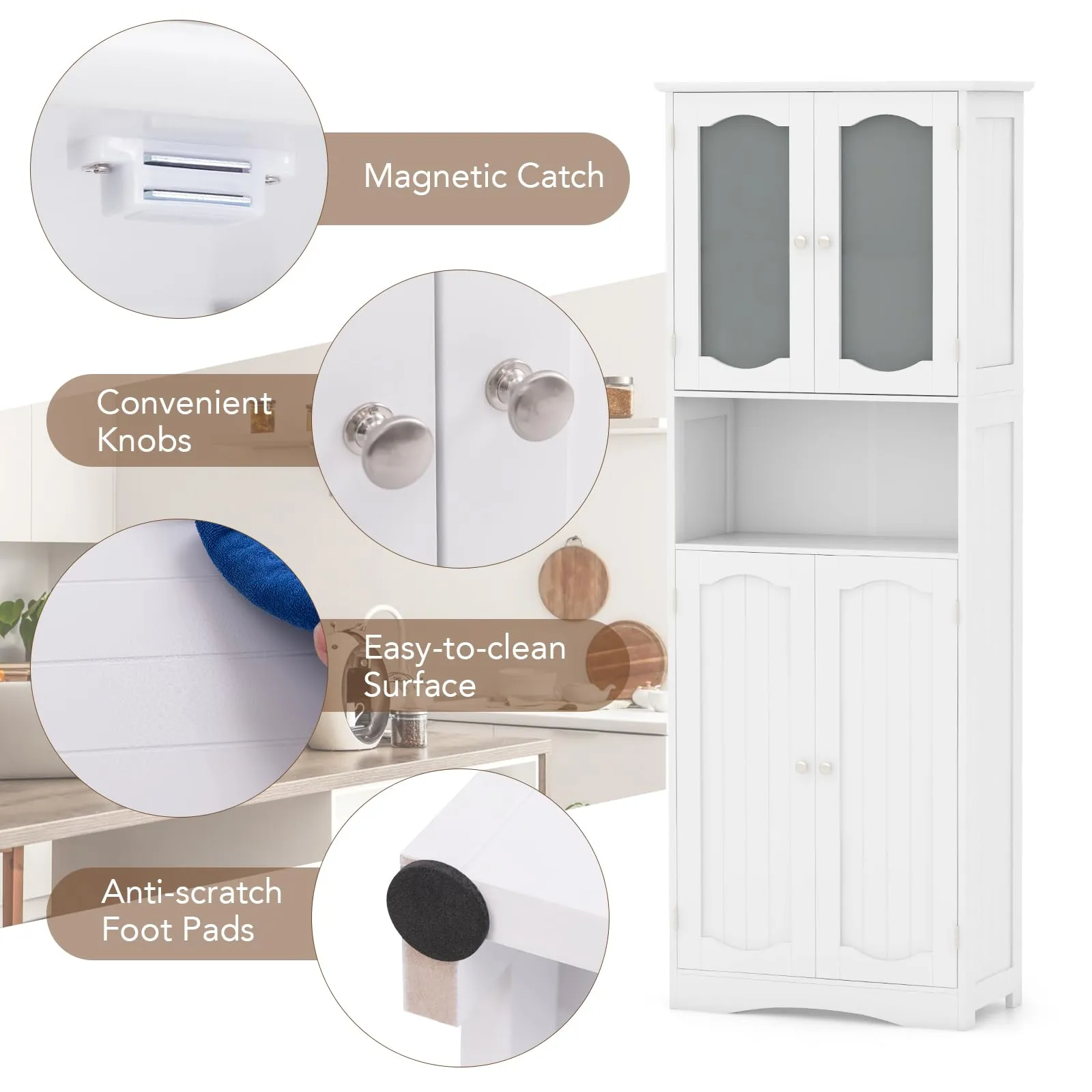 Giantex 64.5" Tall Bathroom Cabinet, Pantry Cabinet with Tempered Glass Doors, Adjustable Shelves