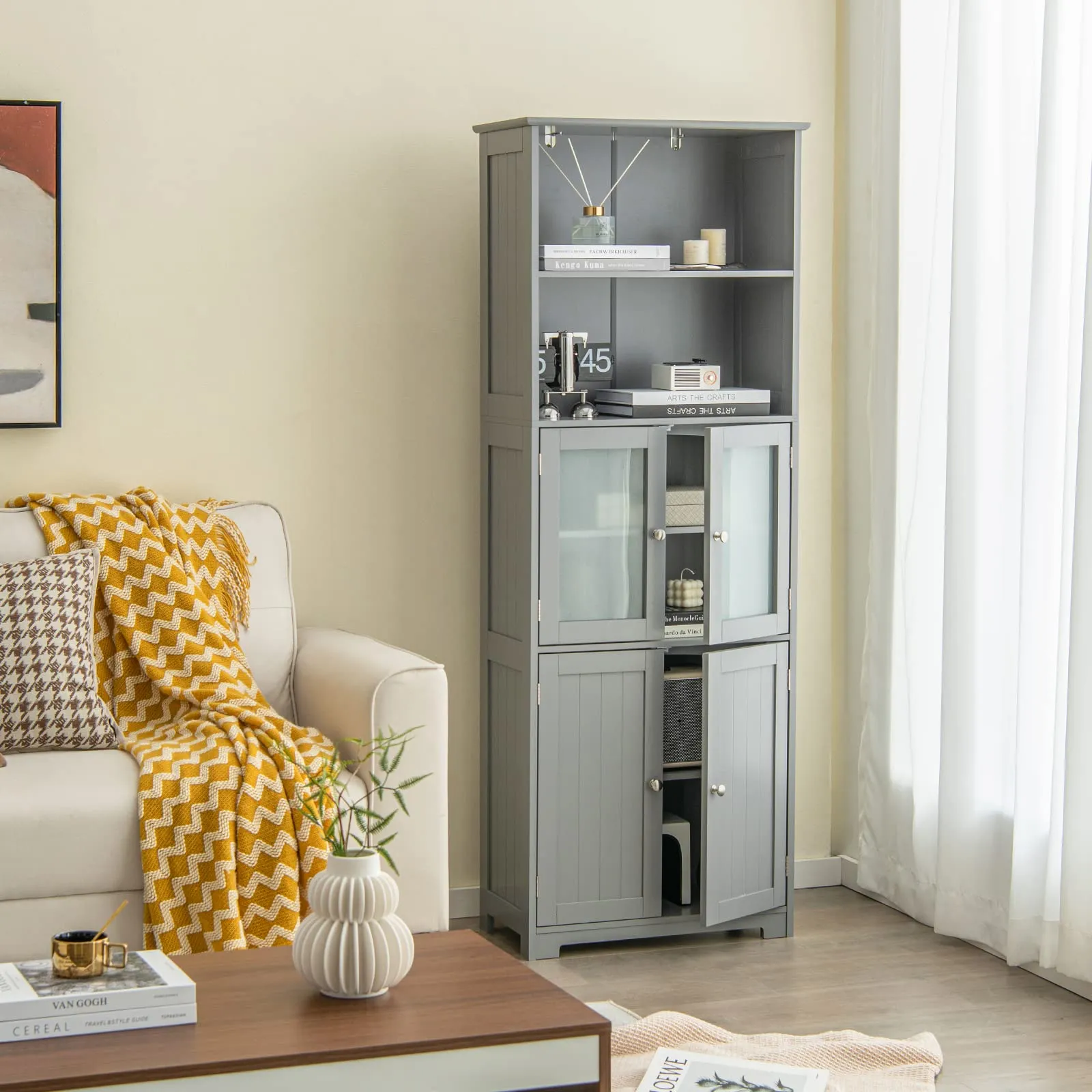 Giantex 64" Tall Bathroom Storage Cabinet, Freestanding Kitchen Pantry Cupboard with 2 Cabinets