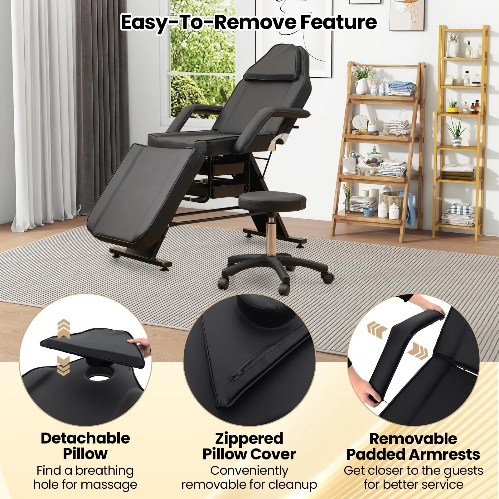 Giantex 72" Massage Bed with Hydraulic Stool, 3-Section Tattoo Chair with Adjustable Backrest, Legrest & Storage Boxes