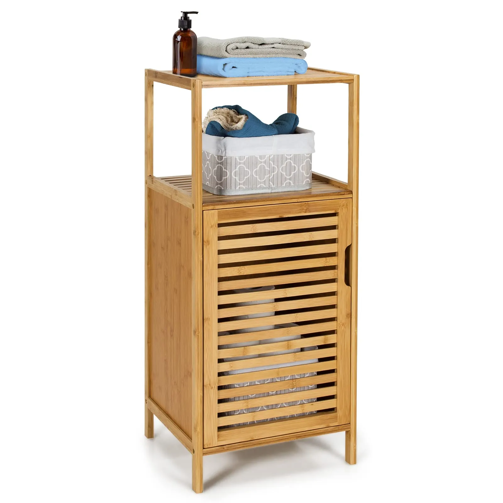 Giantex Bathroom Floor Cabinet, Bamboo Storage Cabinet w/Single Door & Open Shelves bathroom organizer, toilet brush holder