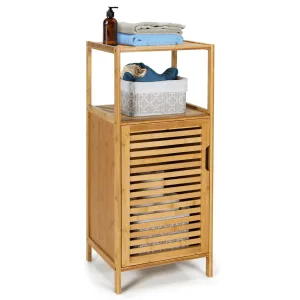 Giantex Bathroom Floor Cabinet, Bamboo Storage Cabinet w/Single Door & Open Shelves bathroom organizer, toilet brush holder