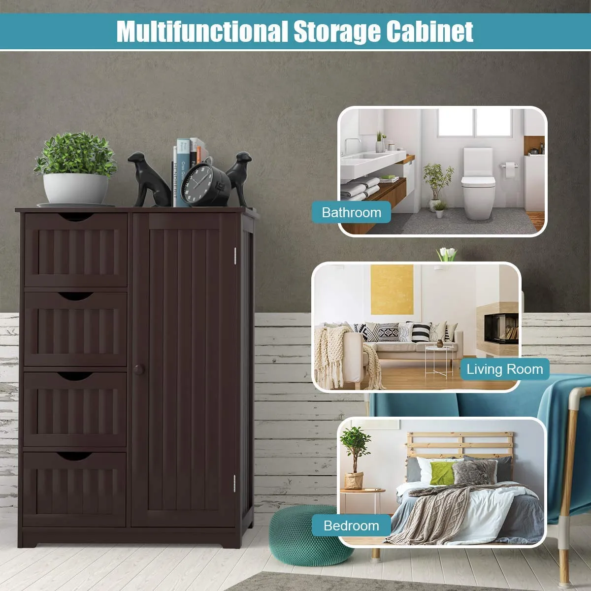 Giantex Bathroom Floor Cabinet Wooden with 1 Door & 4 Drawer