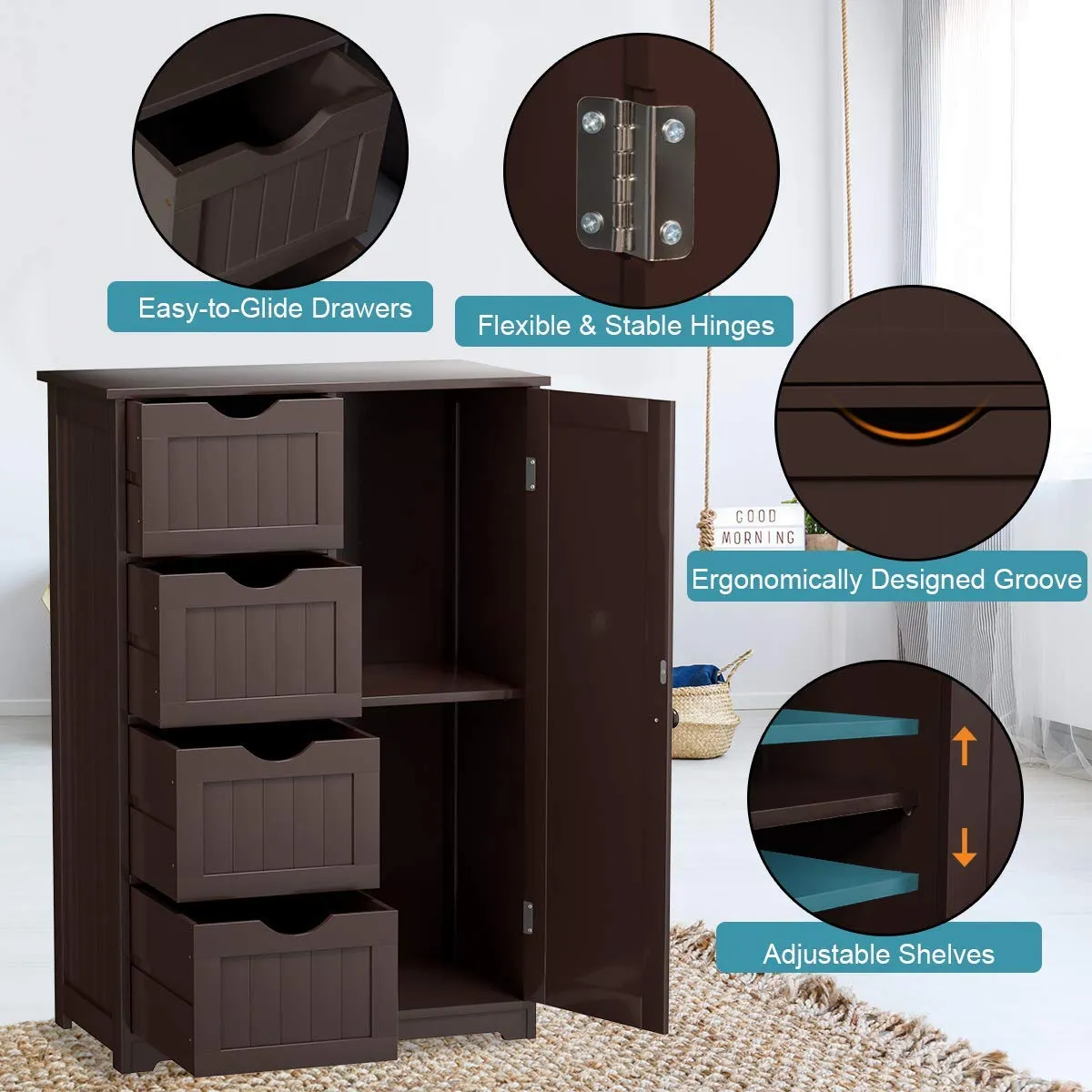 Giantex Bathroom Floor Cabinet Wooden with 1 Door & 4 Drawer