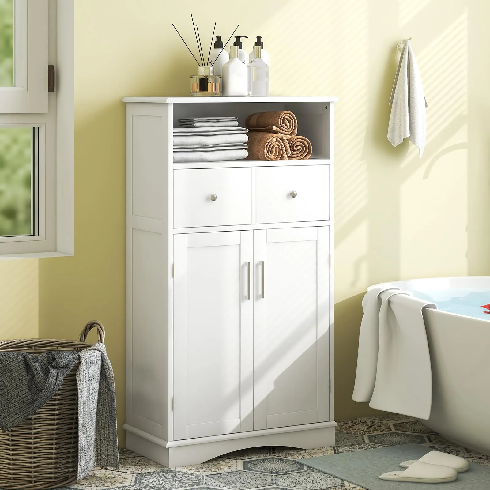 Giantex Bathroom Floor Storage Cabinet - Freestanding Storage Cabinet with 2 Doors, 2 Drawers, 2 Adjustable Shelves (White)