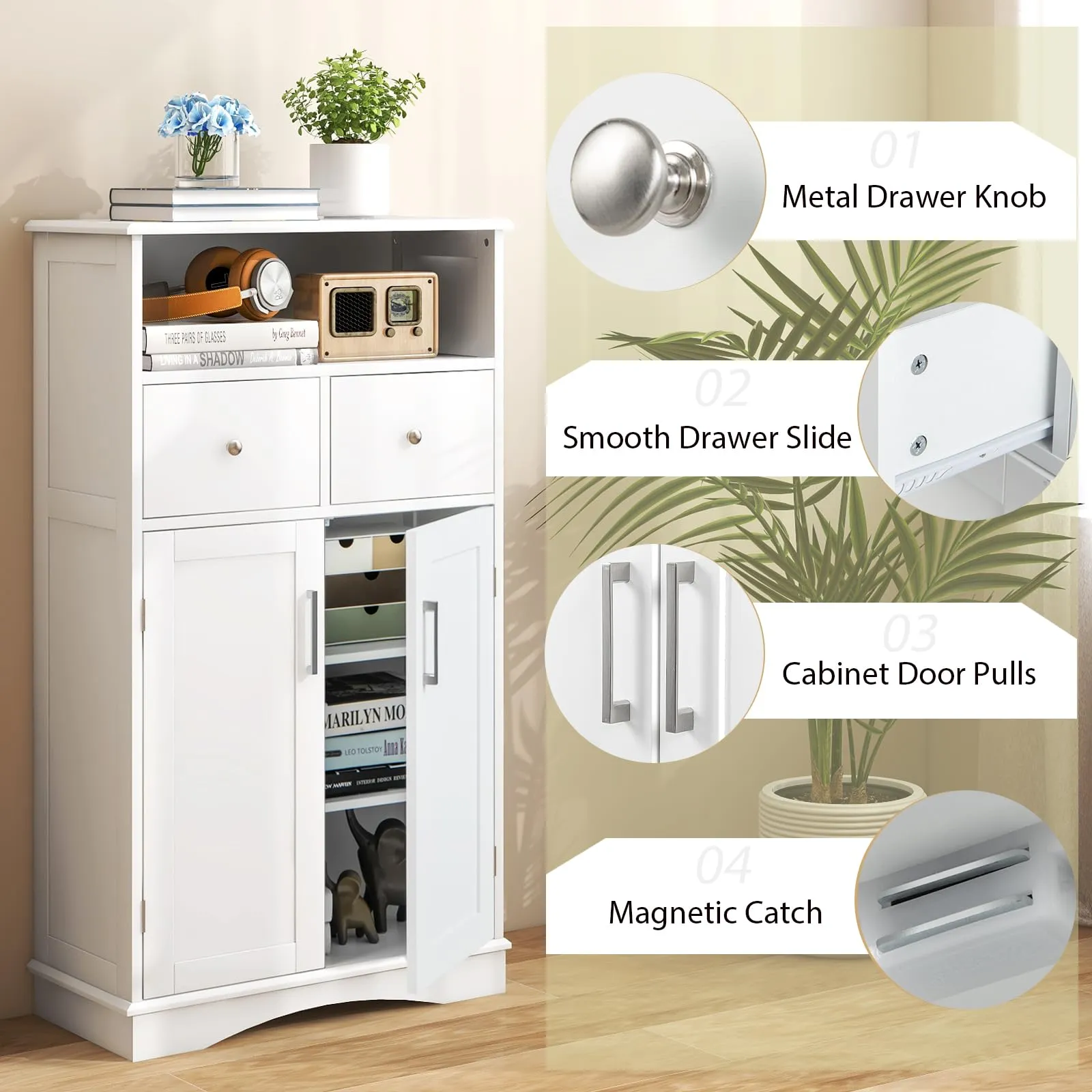 Giantex Bathroom Floor Storage Cabinet - Freestanding Storage Cabinet with 2 Doors, 2 Drawers, 2 Adjustable Shelves (White)