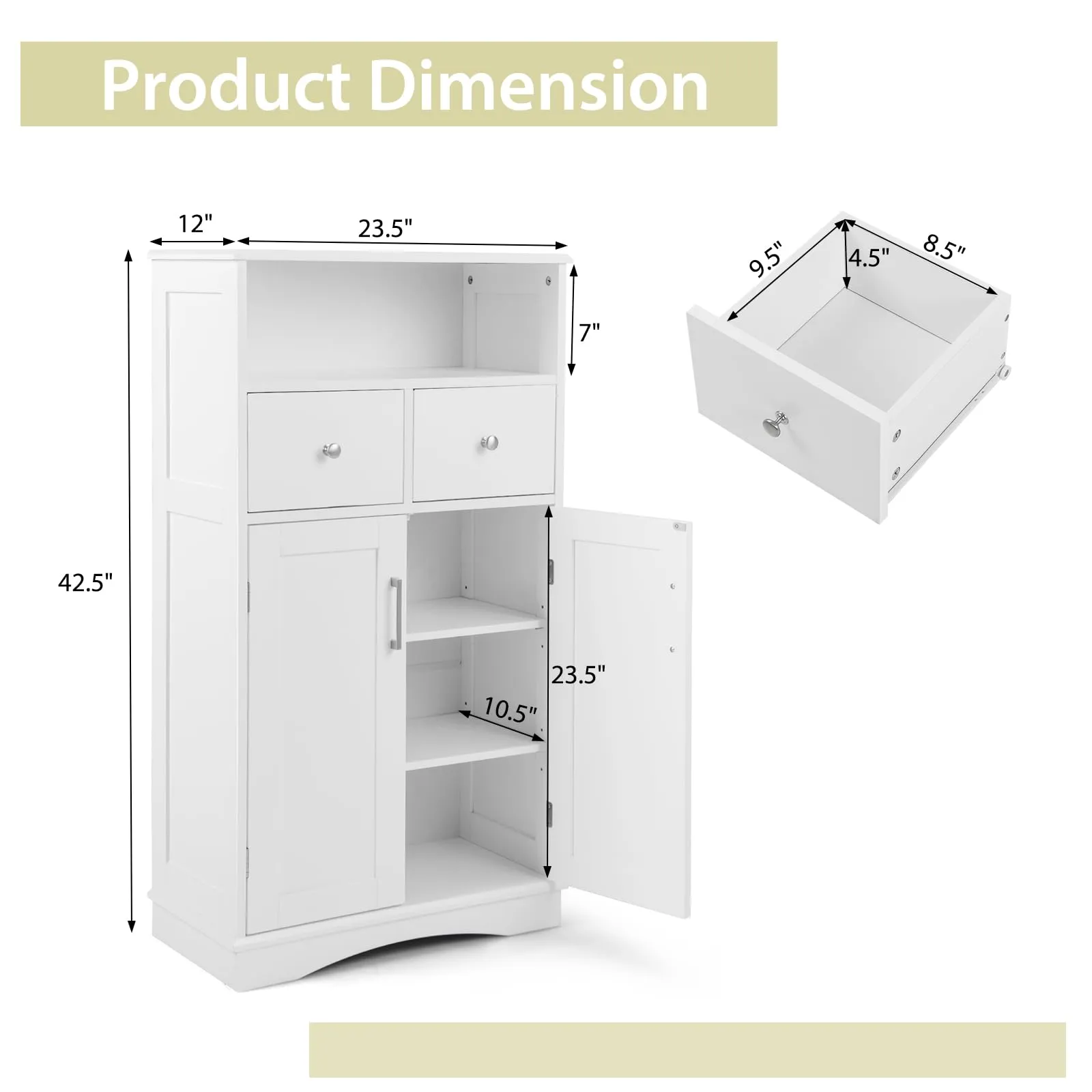 Giantex Bathroom Floor Storage Cabinet - Freestanding Storage Cabinet with 2 Doors, 2 Drawers, 2 Adjustable Shelves (White)