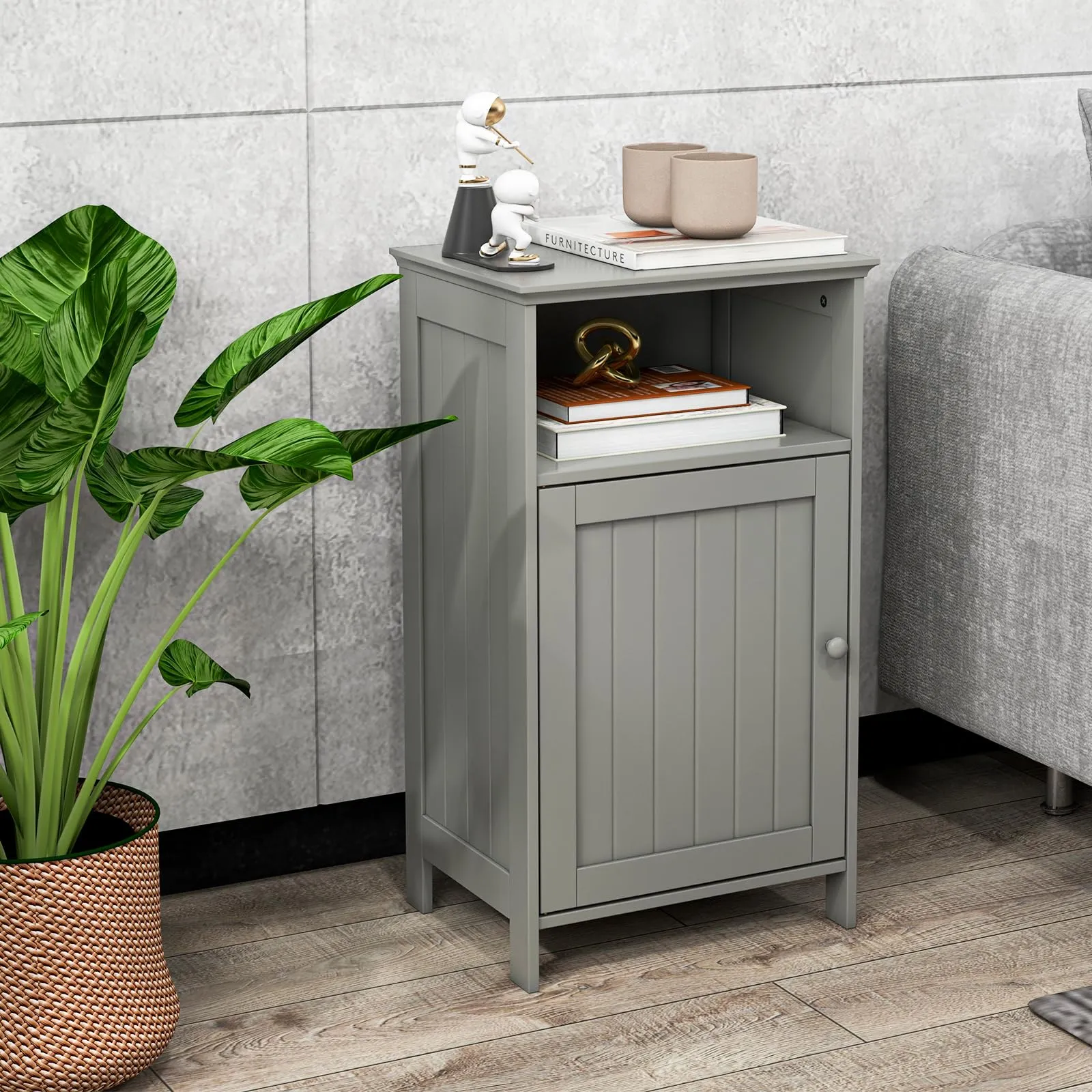 Giantex Bathroom Floor Storage Cabinet - Side Cabinet with Open Compartment, 3-Position Adjustable Shelf
