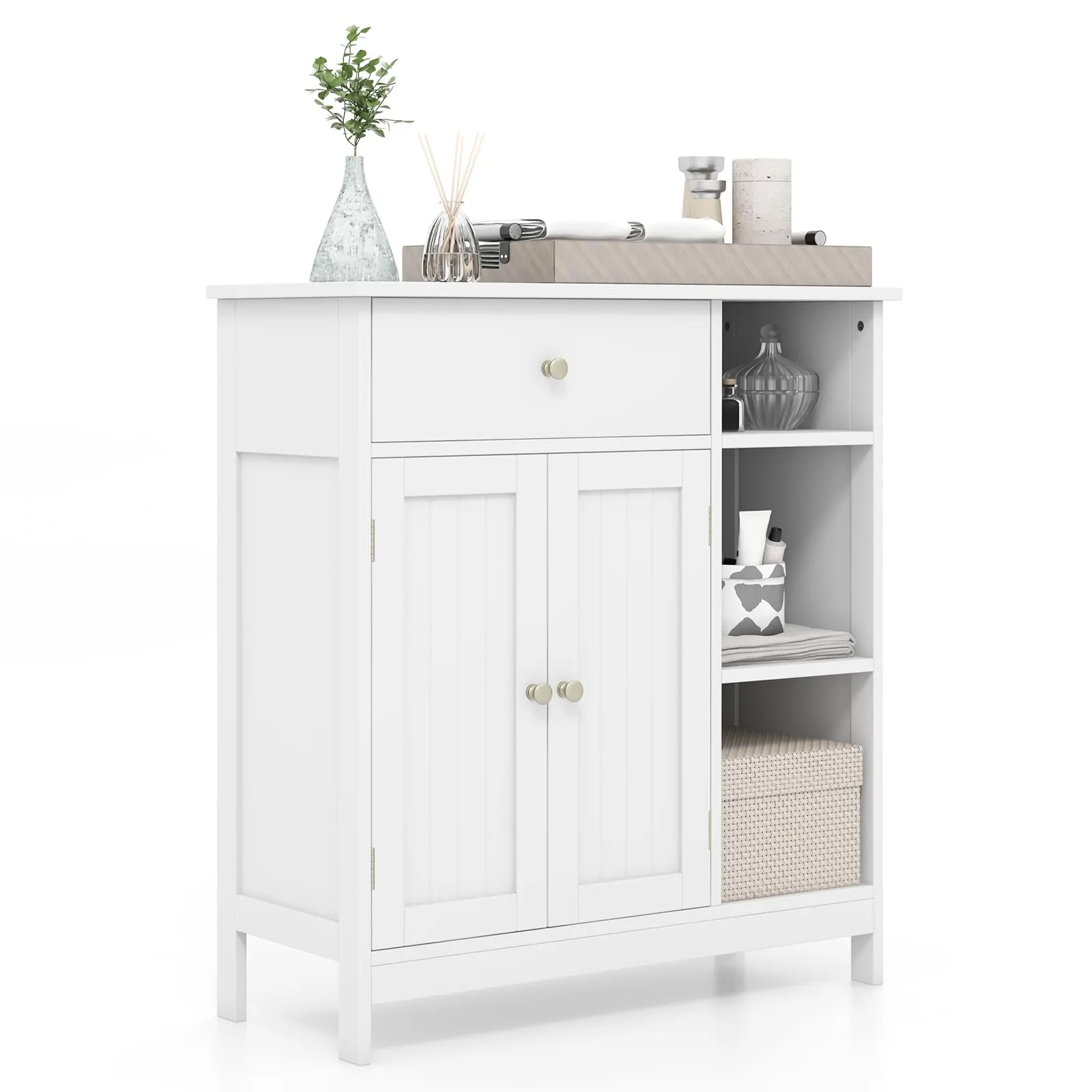 Giantex Bathroom Storage Cabinet with Drawer - Floor Cabinet w/ 3 Open Shelves bathroom organizer, toilet brush holder
