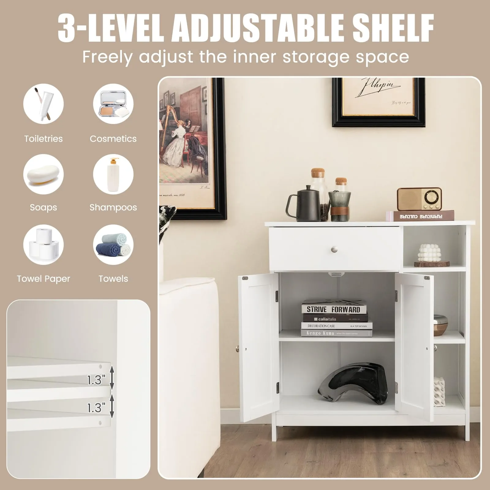 Giantex Bathroom Storage Cabinet with Drawer - Floor Cabinet w/ 3 Open Shelves
