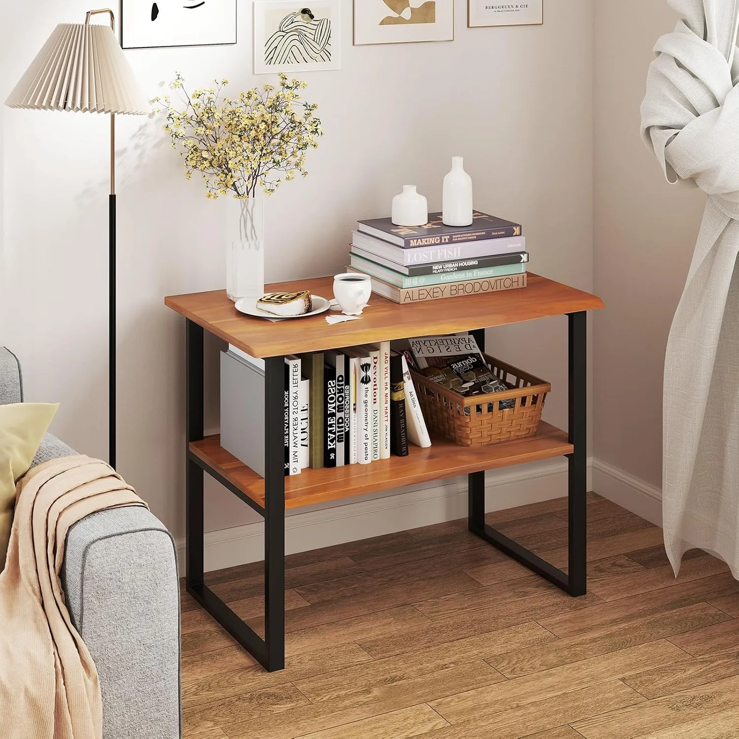 Giantex Bathroom Storage Shelf with Waterproof Finish, 2-Tier Teak Wood Bookshelf
