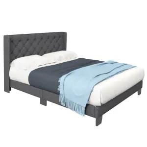 Giantex Bed Frame with Button Tufted Headboard, Modern Fabric Upholstered Platform Bed with Wingback Design, Grey bed frame, queen bed
