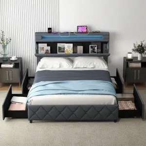 Giantex Bed Frame with Storage Headboard and 4 Drawers, Modern Upholstered Platform Bed with Charging Station bed frame, queen bed