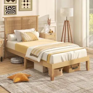 Giantex Bed Frames with Rattan Headboard, Boho Solid Wood Platform Bed with Wooden Slats bed frame, queen bed