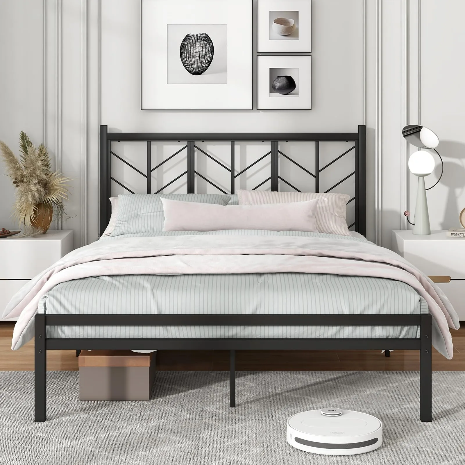 Giantex Bed Frames with Vintage Headboard, Metal Mattress Foundation for Storage