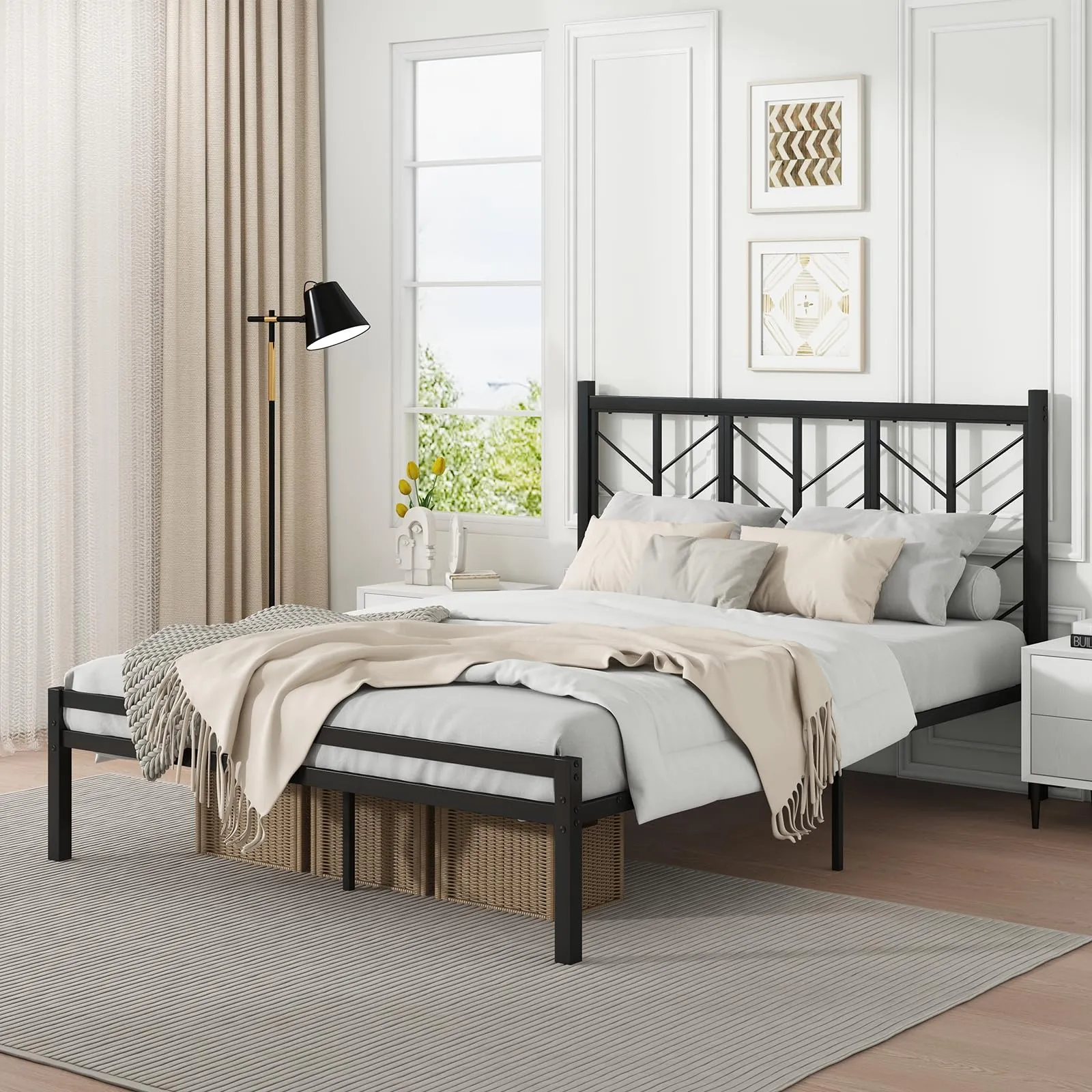 Giantex Bed Frames with Vintage Headboard, Metal Mattress Foundation for Storage