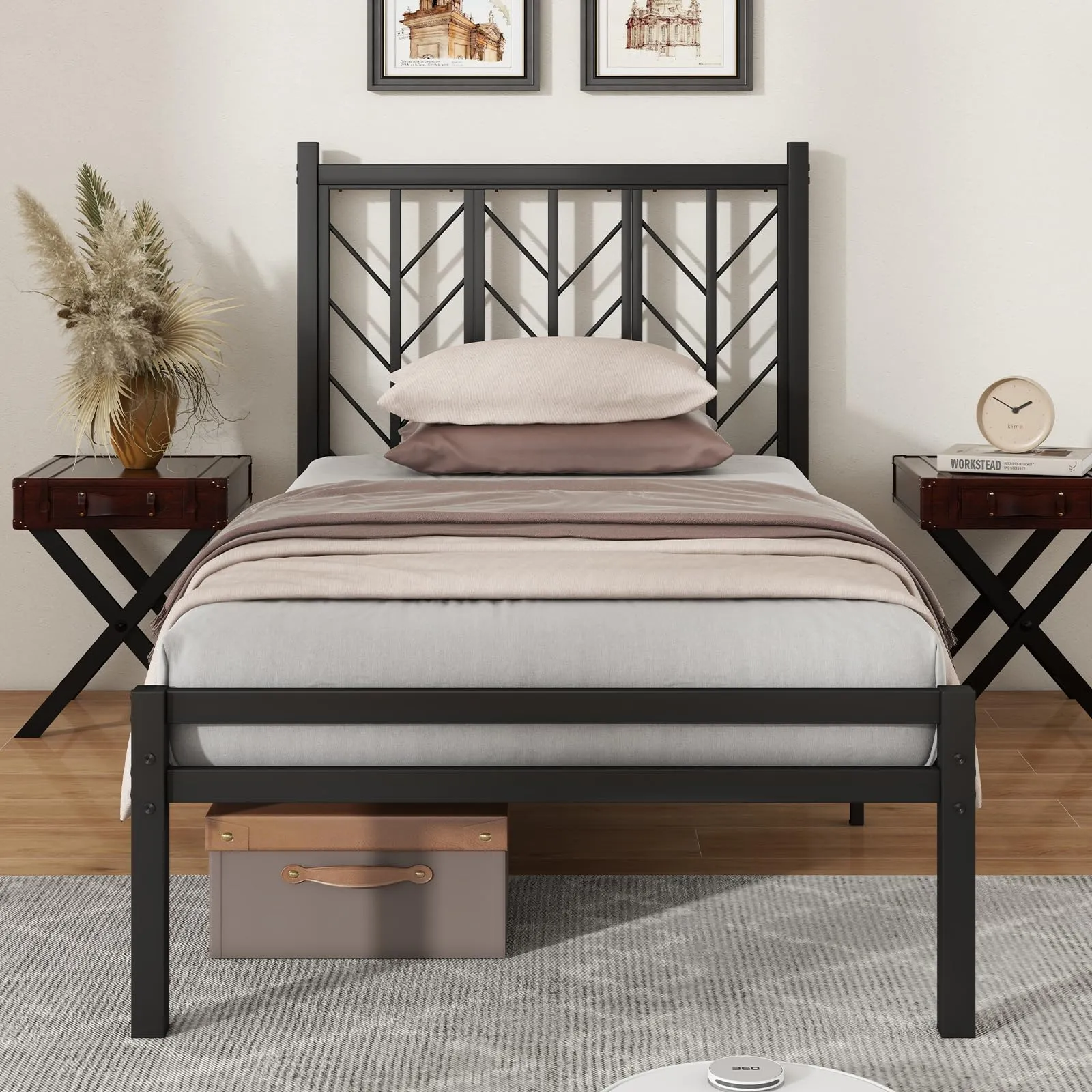 Giantex Bed Frames with Vintage Headboard, Metal Mattress Foundation for Storage