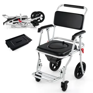 Giantex Bedside Commode Wheelchair for Toilet - Foldable Shower Chair with Arms, Lockable Casters bathroom organizer, toilet brush holder