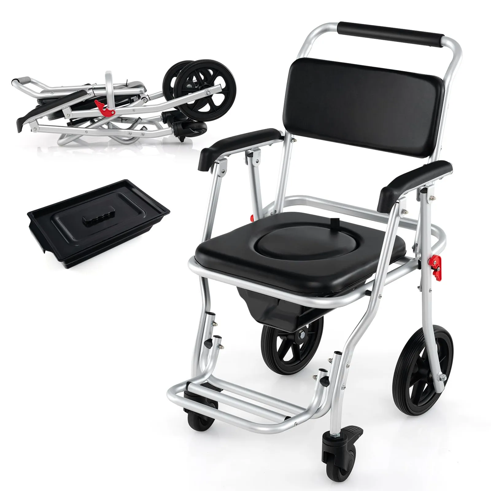 Giantex Bedside Commode Wheelchair for Toilet - Foldable Shower Chair with Arms, Lockable Casters bathroom organizer, toilet brush holder