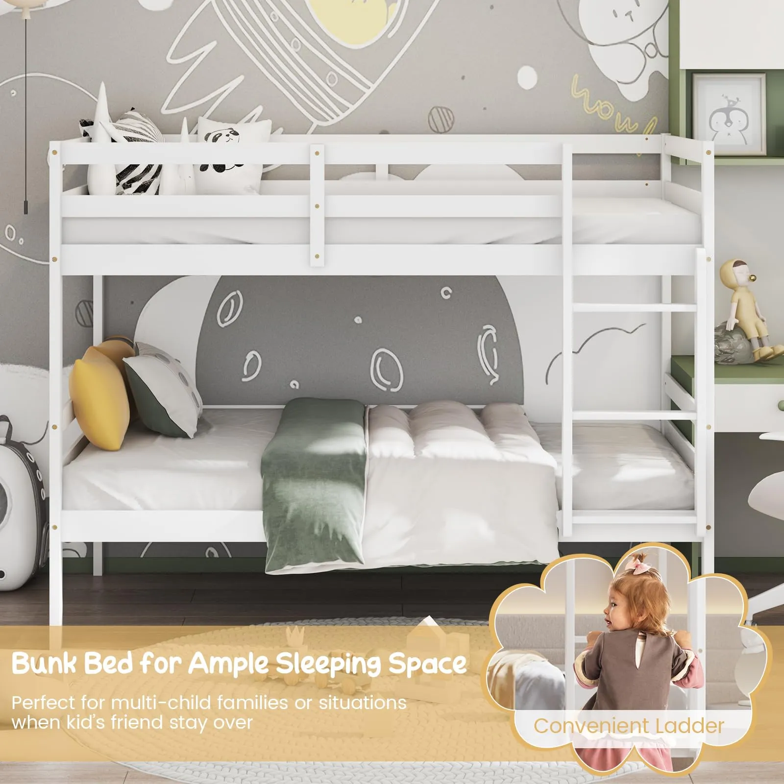 Giantex Bunk Bed Twin Over Twin White, Solid Wood Bunk Bed