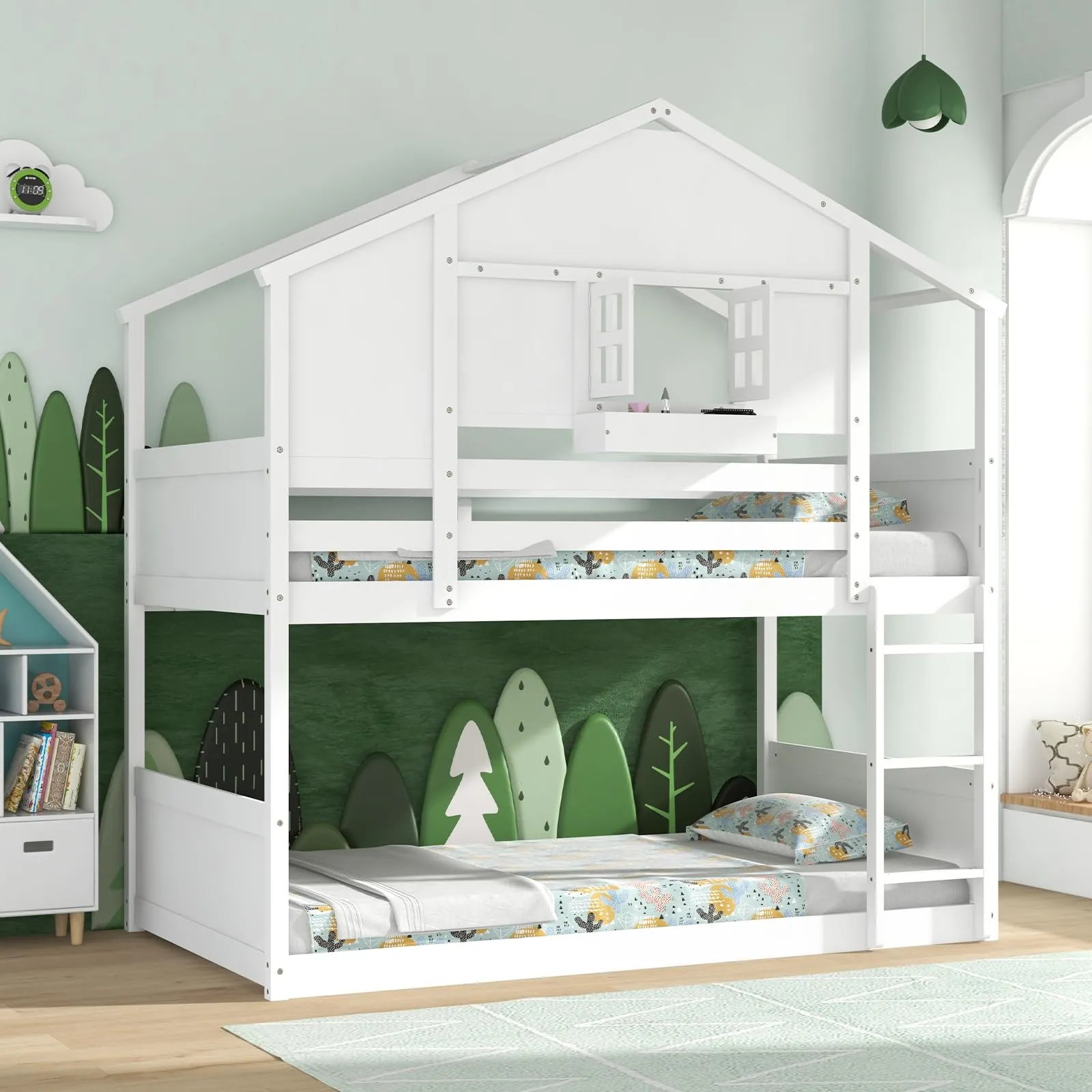 Giantex Bunk Bed Twin Over Twin, Wood House Bed for Kids with Roof, Window Door, White