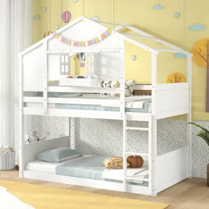 Giantex Bunk Bed Twin Over Twin, Wood House Bed for Kids with Roof, Window Door, White bed frame, queen bed