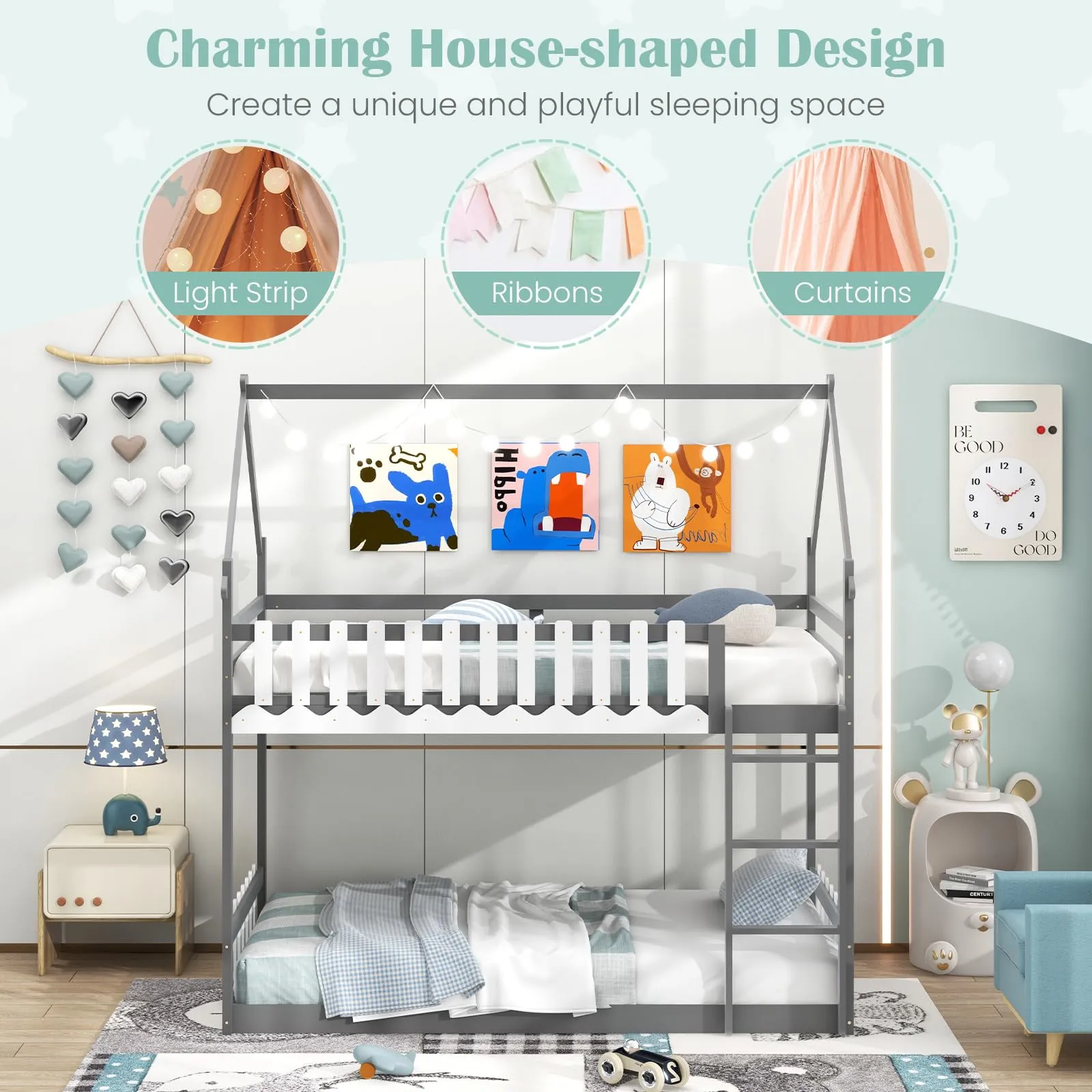 Giantex Bunk Bed Twin Over Twin, Wood House Low Bunk Bed with Ladder & Fence Safety Guardrail