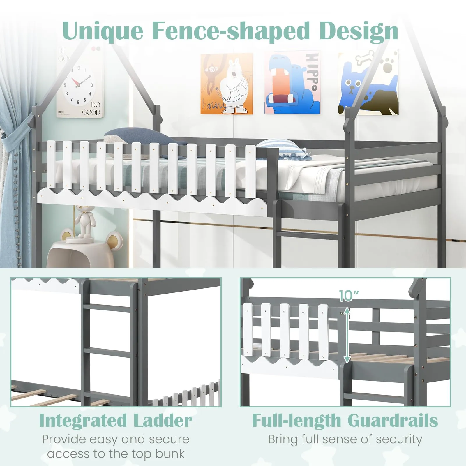 Giantex Bunk Bed Twin Over Twin, Wood House Low Bunk Bed with Ladder & Fence Safety Guardrail