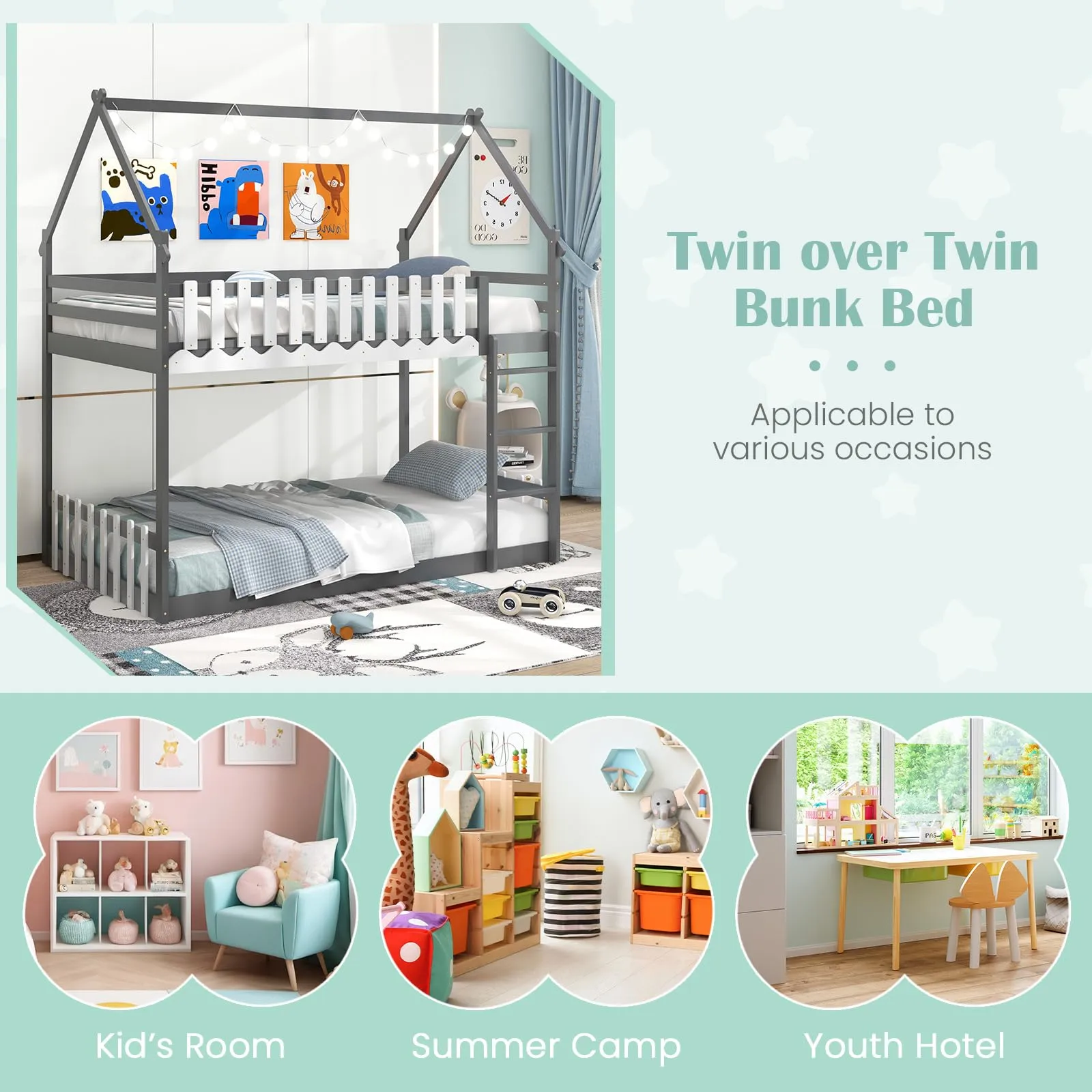 Giantex Bunk Bed Twin Over Twin, Wood House Low Bunk Bed with Ladder & Fence Safety Guardrail