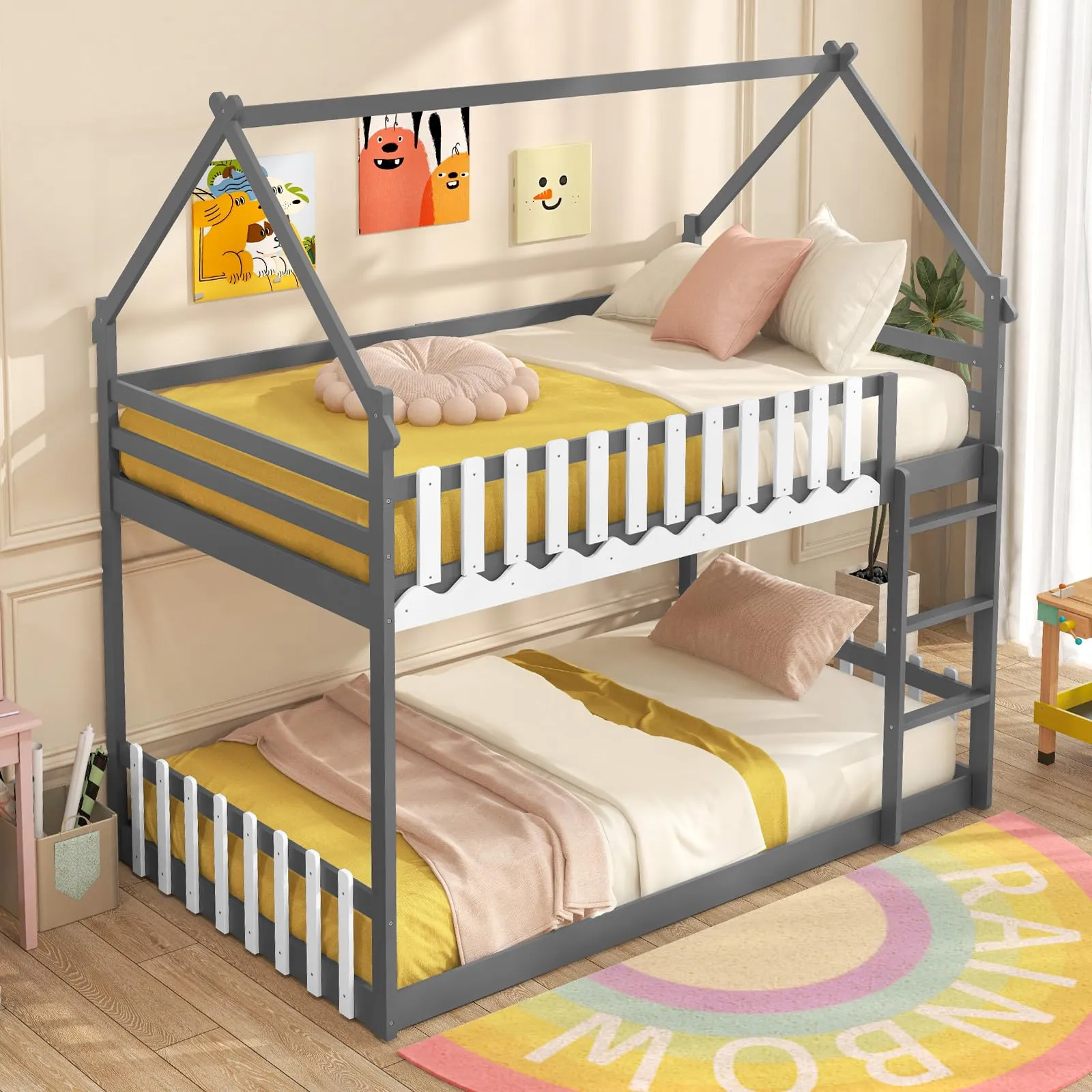 Giantex Bunk Bed Twin Over Twin, Wood House Low Bunk Bed with Ladder & Fence Safety Guardrail