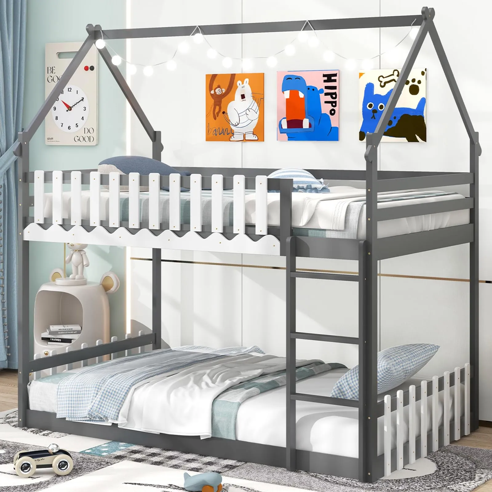 Giantex Bunk Bed Twin Over Twin, Wood House Low Bunk Bed with Ladder & Fence Safety Guardrail