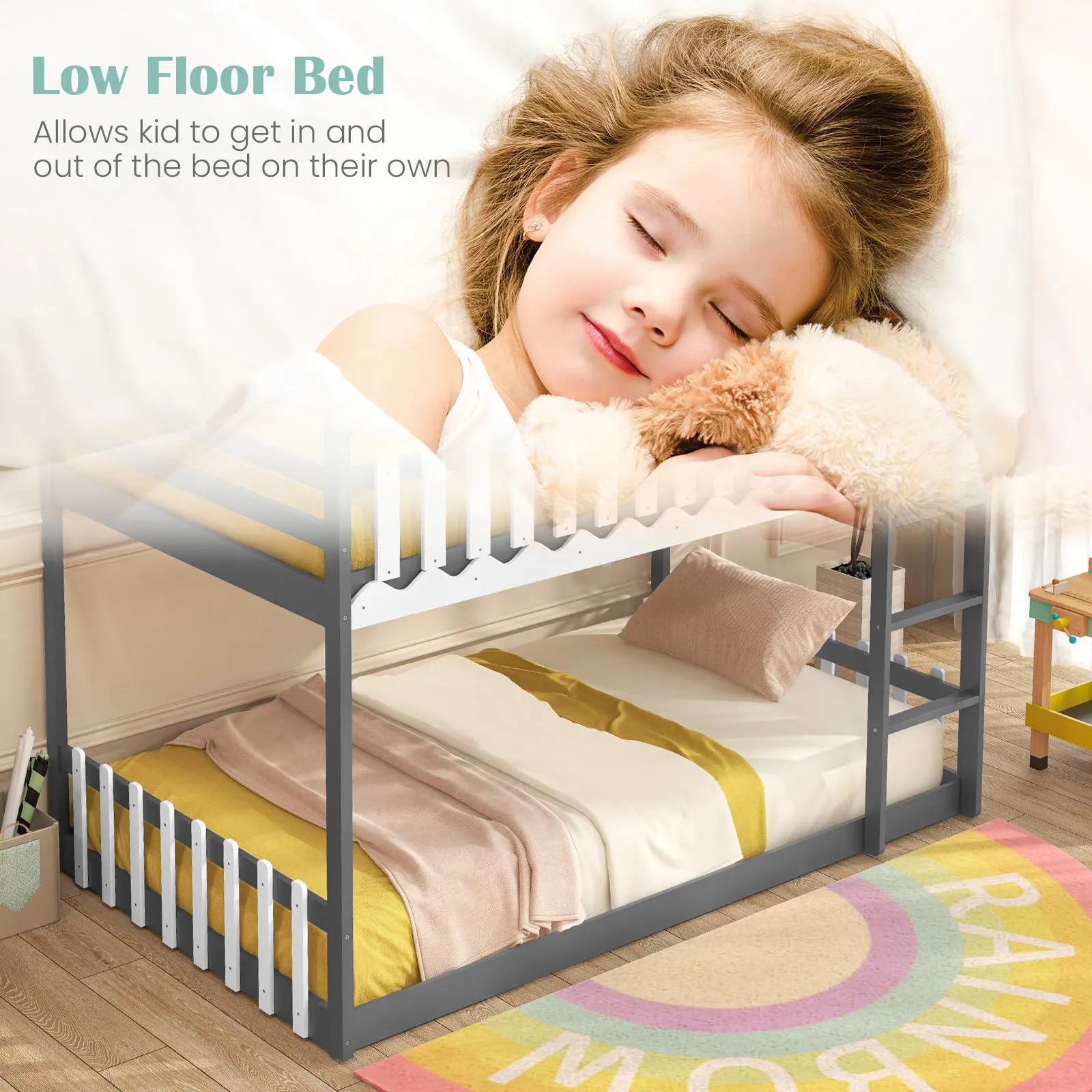 Giantex Bunk Bed Twin Over Twin, Wood House Low Bunk Bed with Ladder & Fence Safety Guardrail